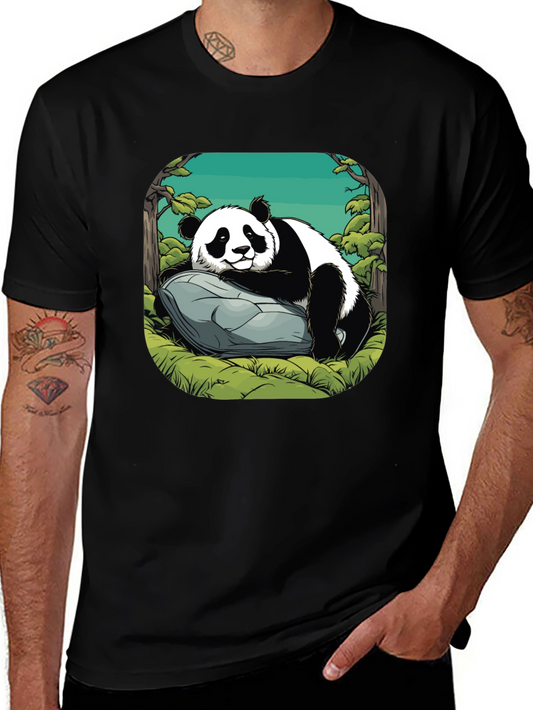 Cute Panda on Rock Graphic Tee - Soft Black Shirt