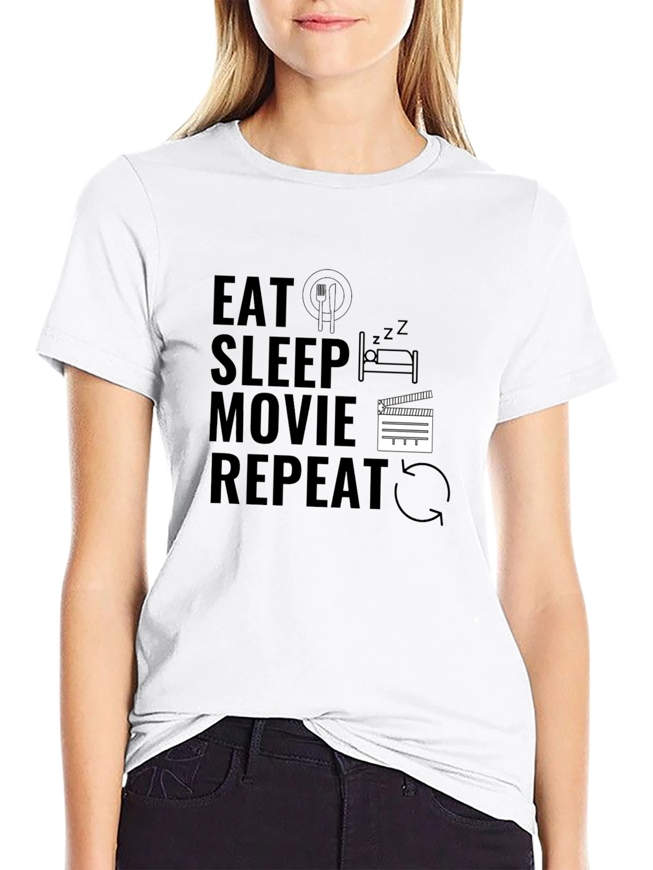 Eat Sleep Movie Repeat Black Graphic Tee