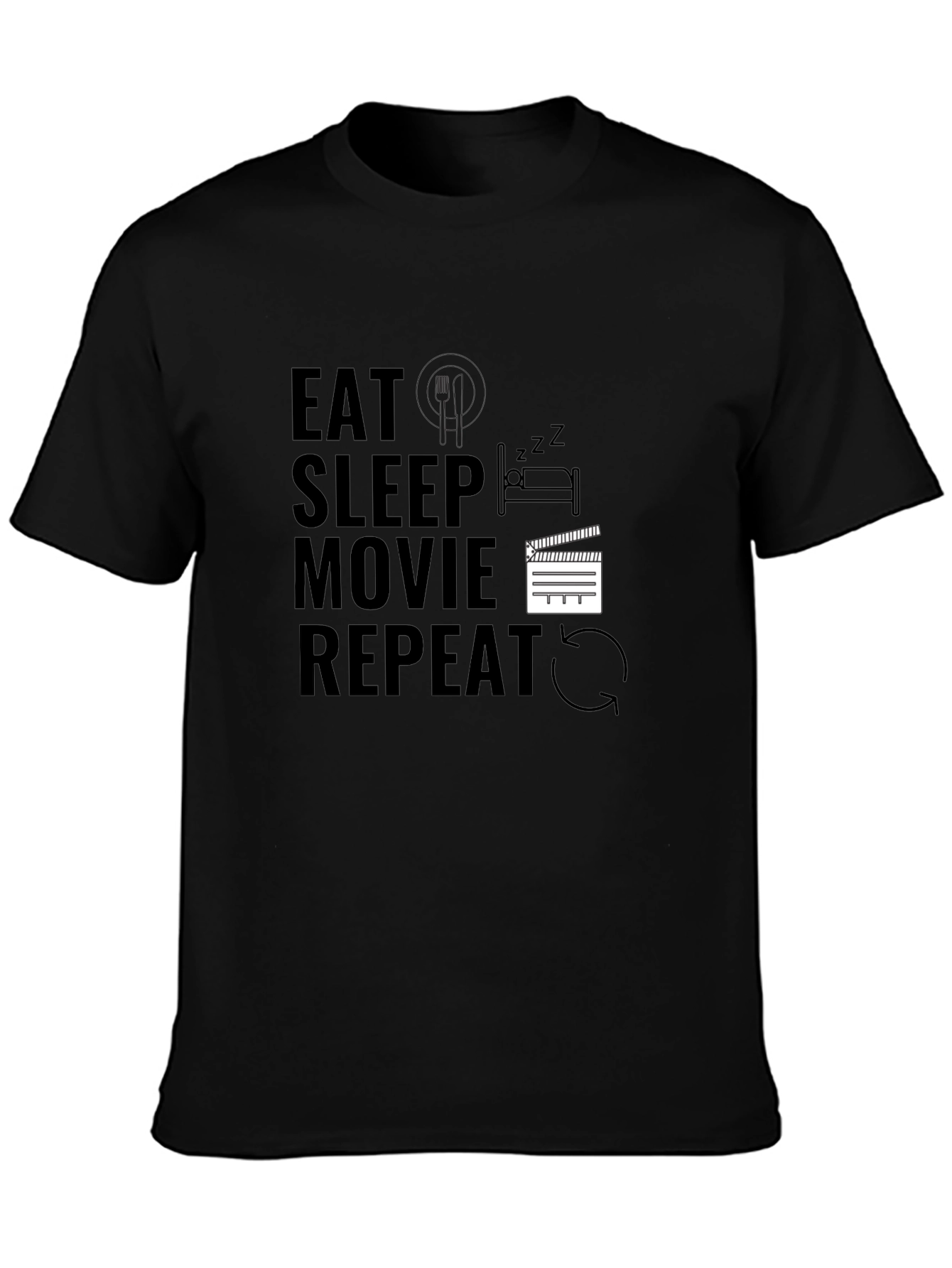 Eat Sleep Movie Repeat Black Graphic Tee