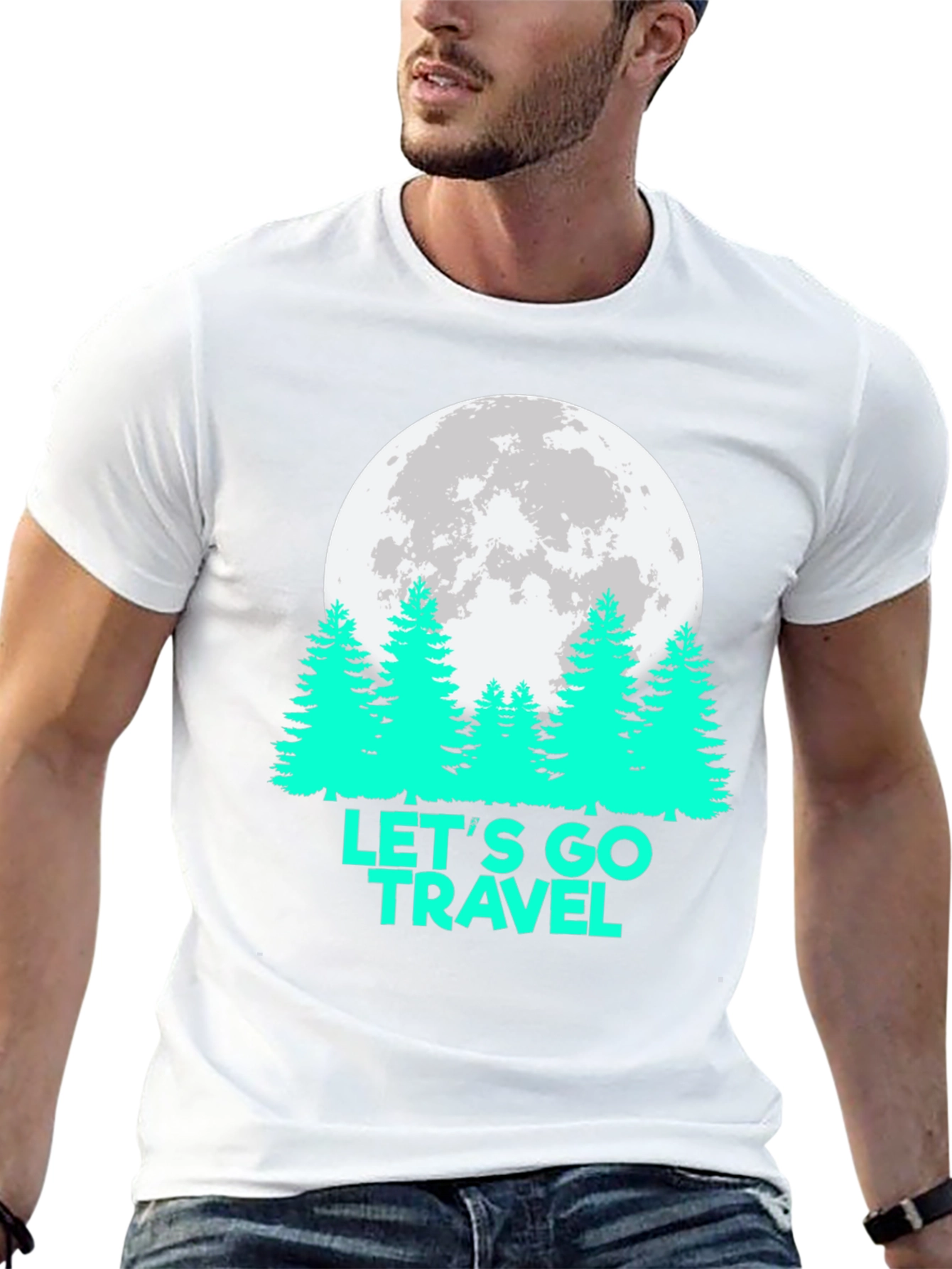 Lets Go Travel T-Shirt Moon Pine Tree Graphic Tee