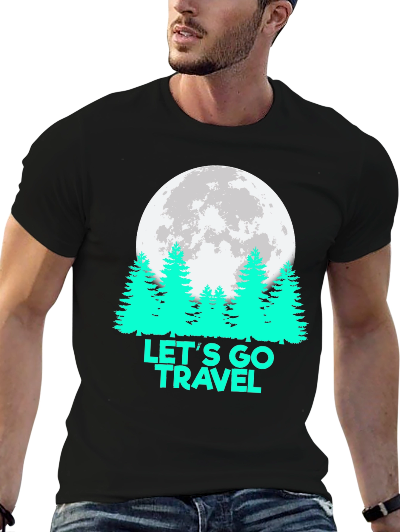 Lets Go Travel T-Shirt Moon Pine Tree Graphic Tee