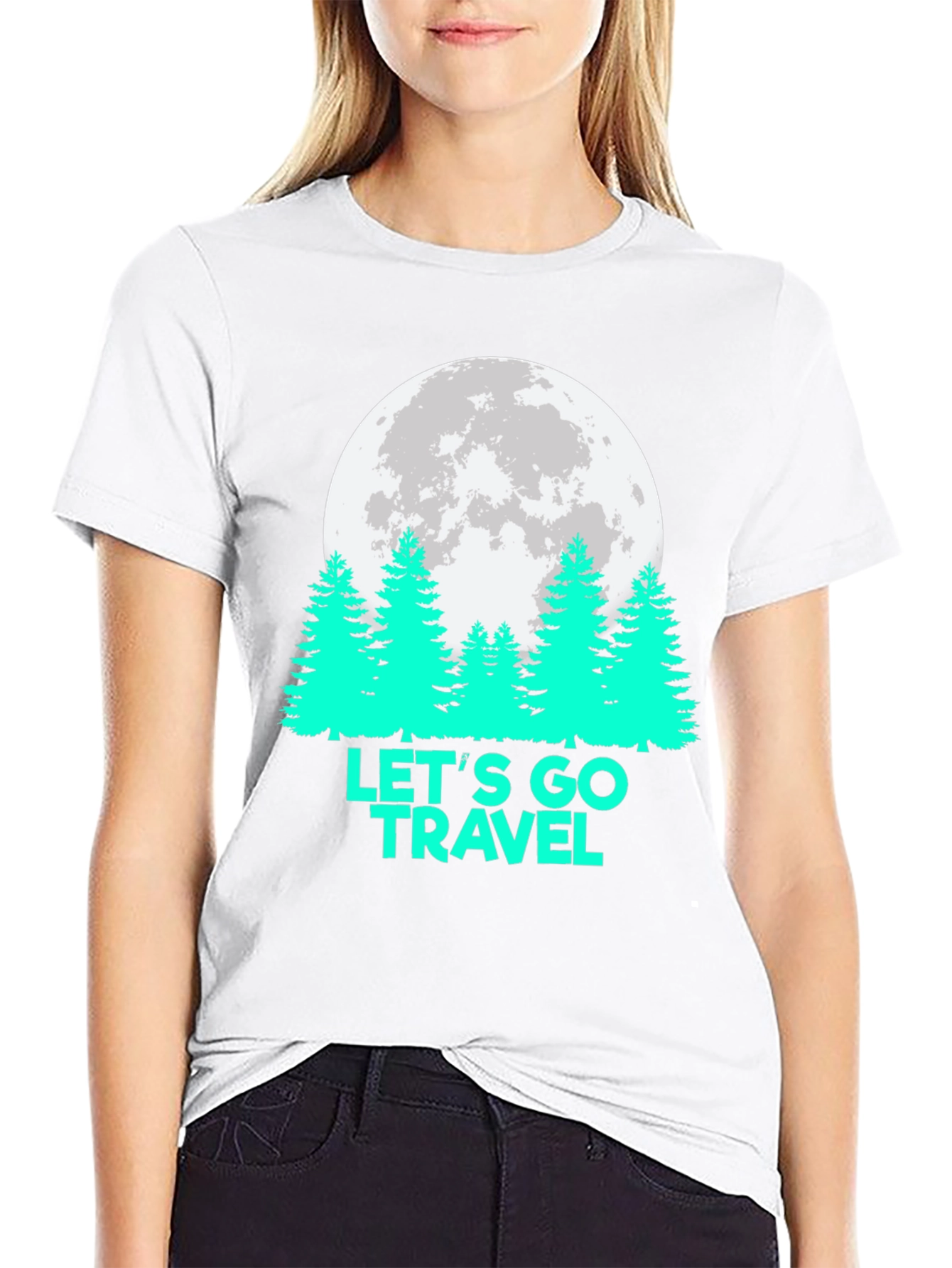 Lets Go Travel T-Shirt Moon Pine Tree Graphic Tee