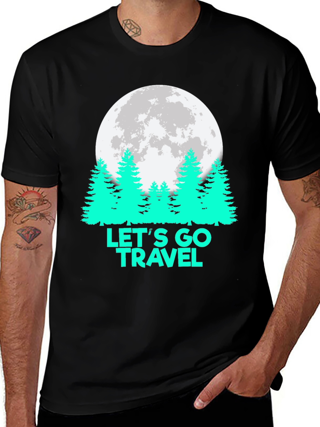 Lets Go Travel T-Shirt Moon Pine Tree Graphic Tee