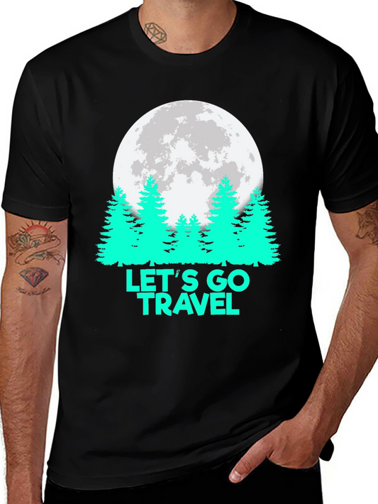 Lets Go Travel T-Shirt Moon Pine Tree Graphic Tee