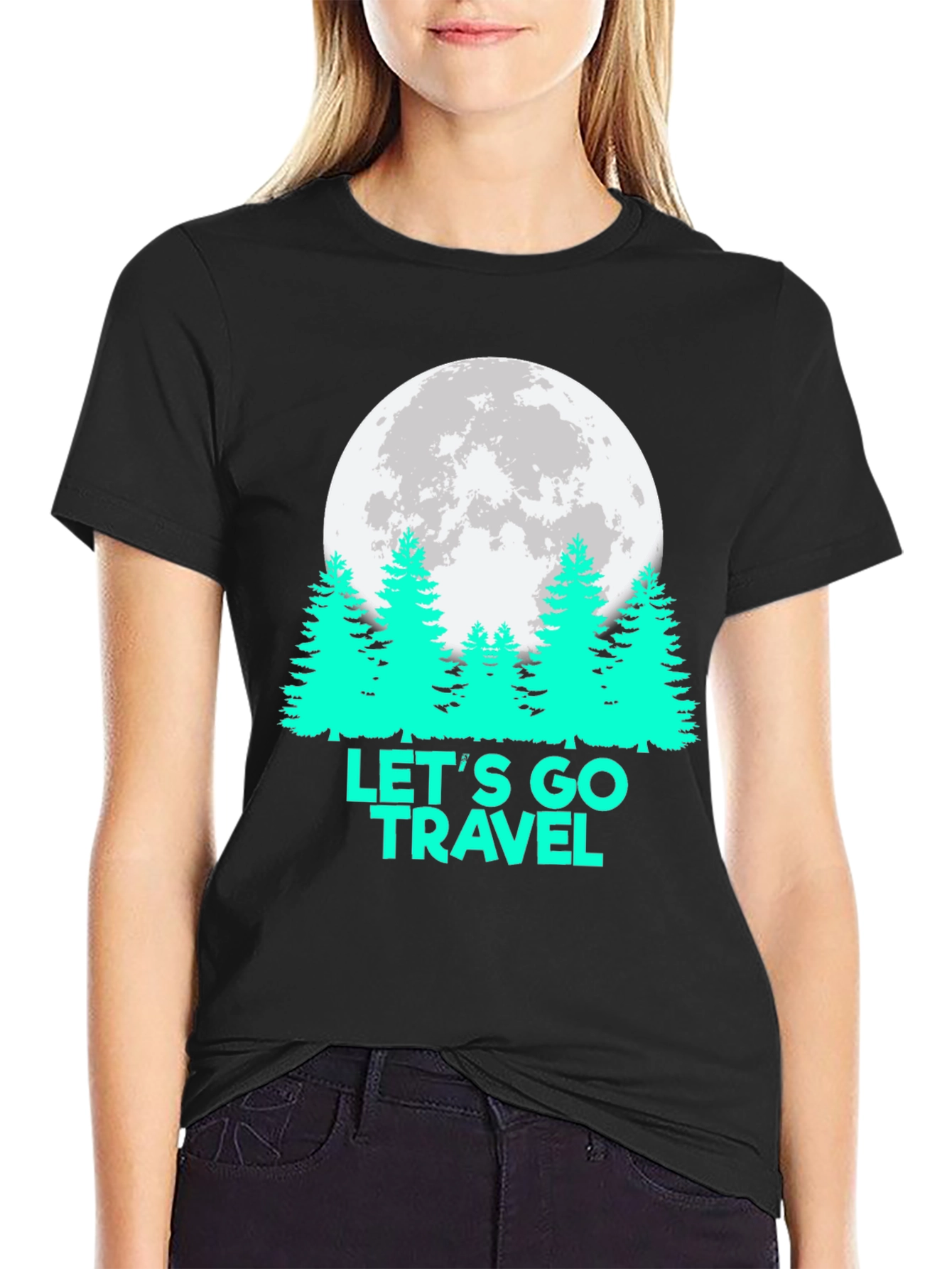 Lets Go Travel T-Shirt Moon Pine Tree Graphic Tee