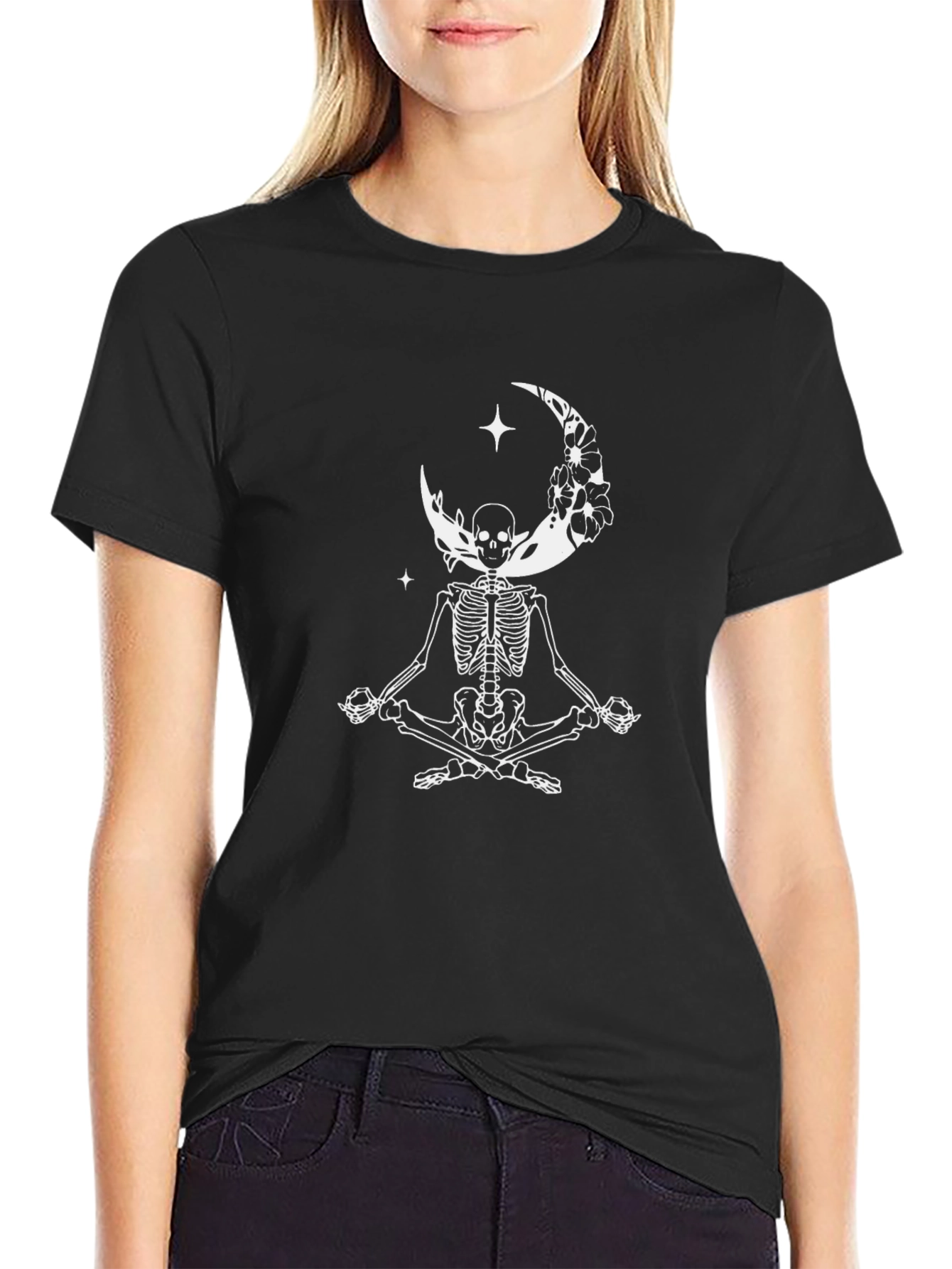 Yoga Skeleton Moon Graphic Tee - Black