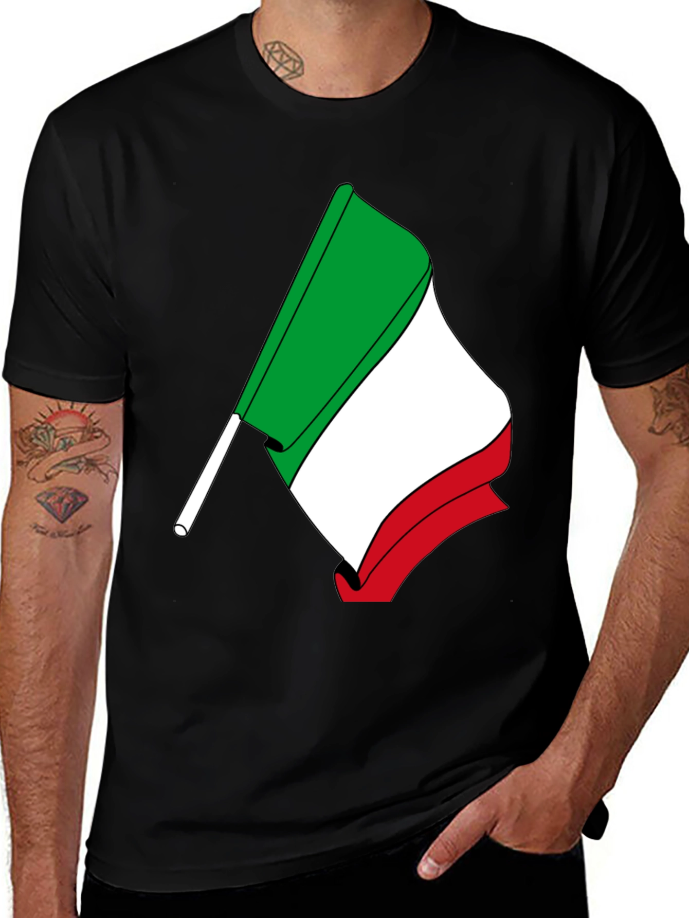 Italian Flag Graphic Tee - Black Cotton T-Shirt