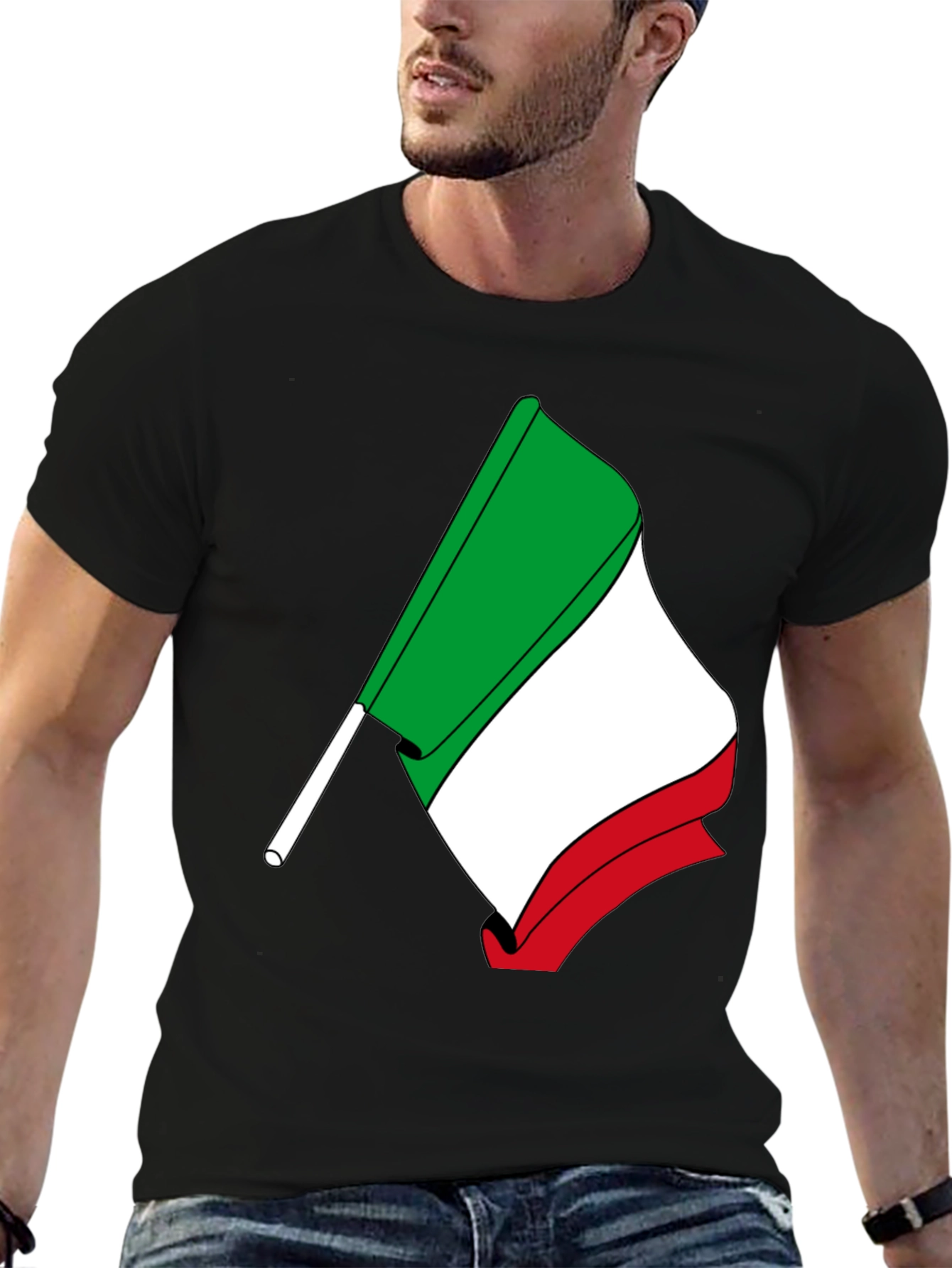 Italian Flag Graphic Tee - Black Cotton T-Shirt