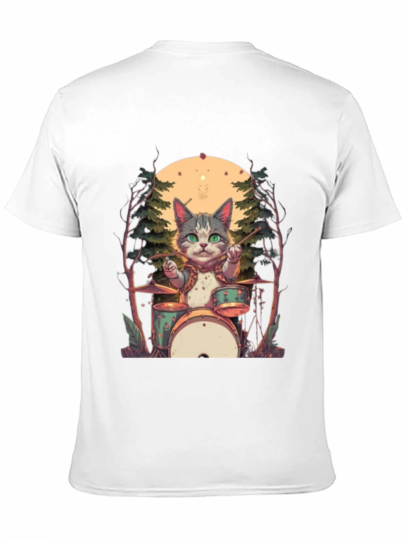 Cat Drummer Graphic Tee - Black Cotton T-Shirt