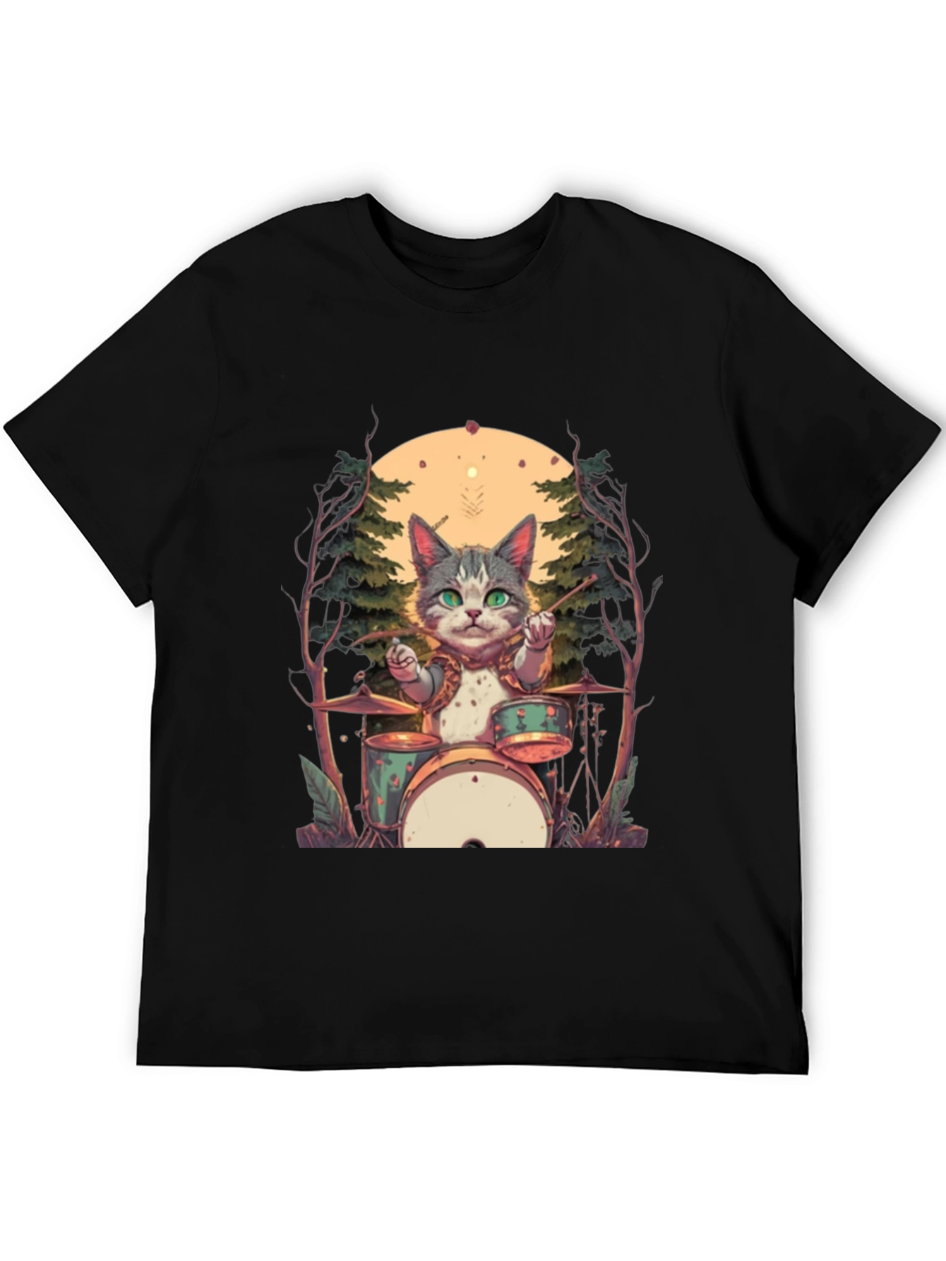 Cat Drummer Graphic Tee - Black Cotton T-Shirt