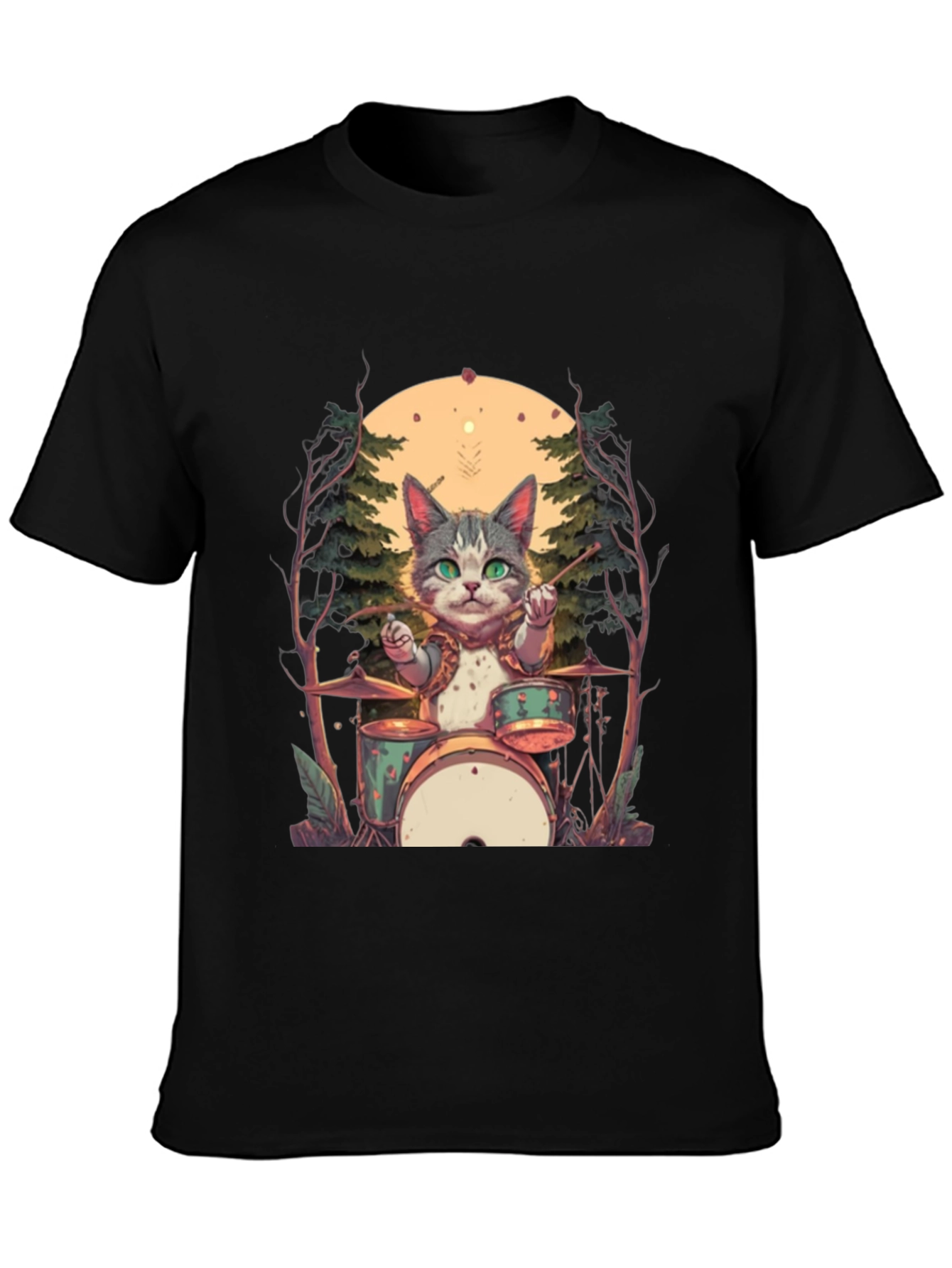Cat Drummer Graphic Tee - Black Cotton T-Shirt