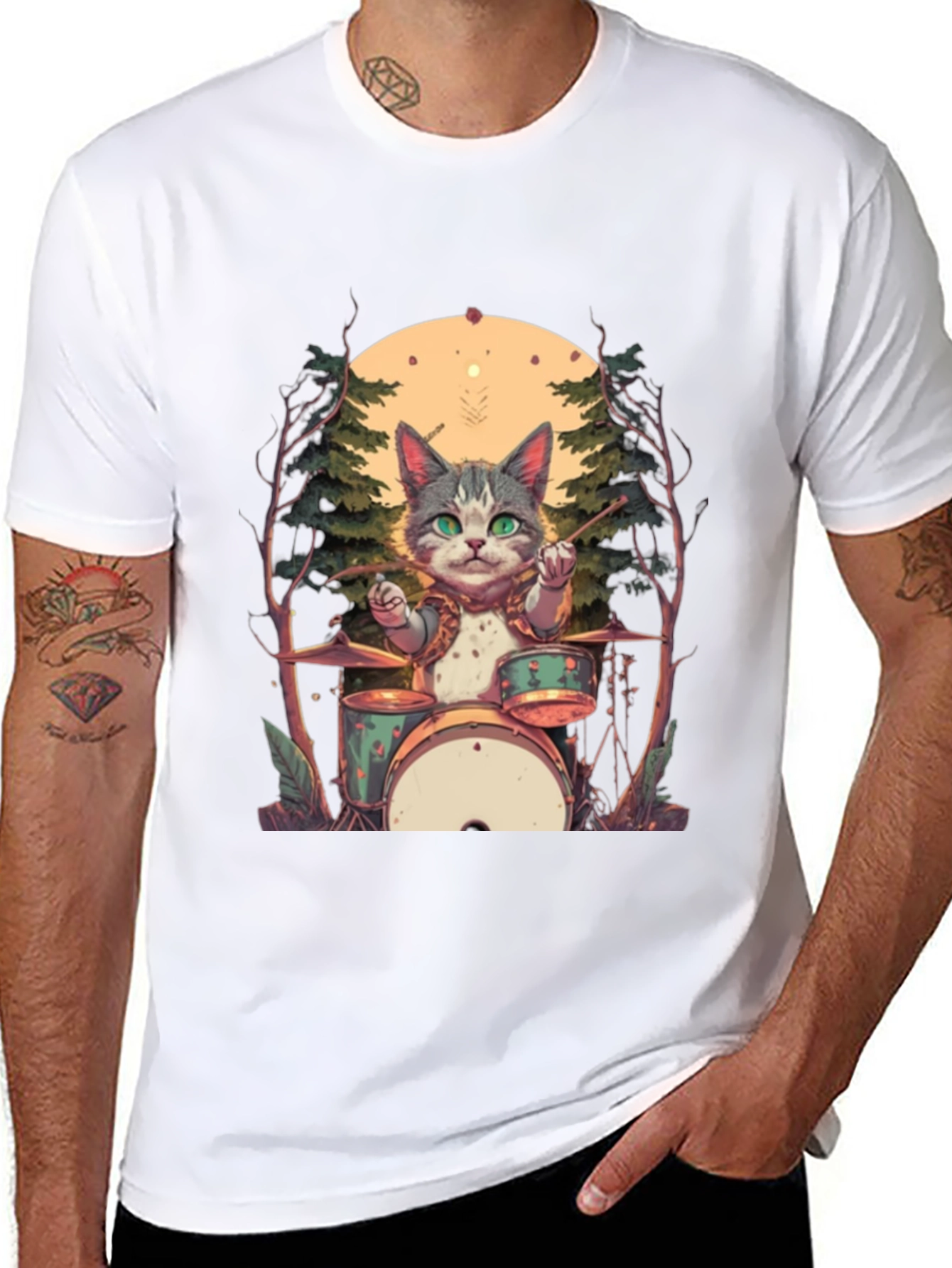 Cat Drummer Graphic Tee - Black Cotton T-Shirt
