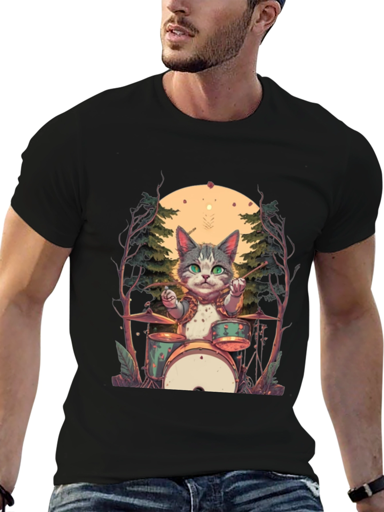 Cat Drummer Graphic Tee - Black Cotton T-Shirt
