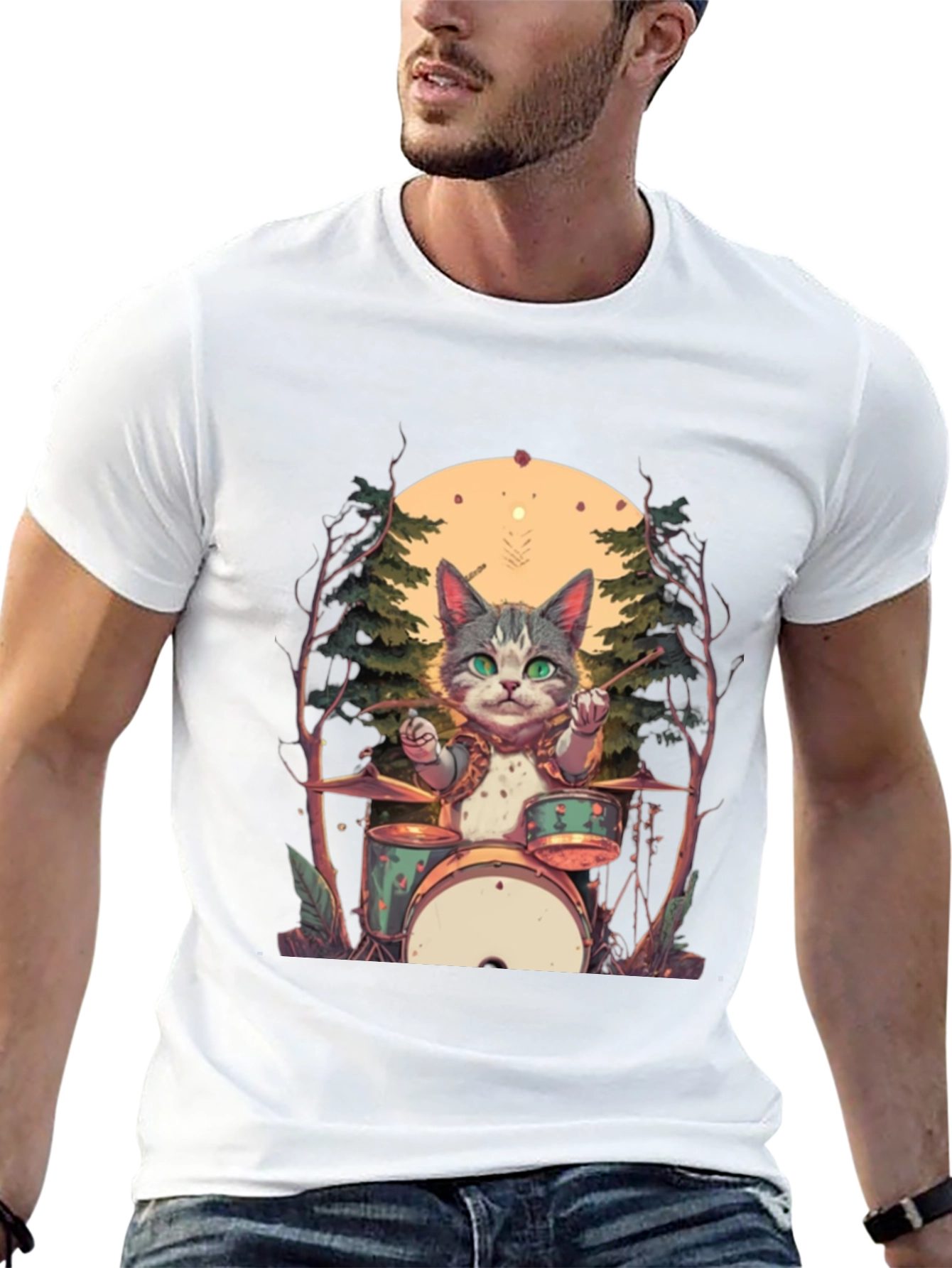 Cat Drummer Graphic Tee - Black Cotton T-Shirt