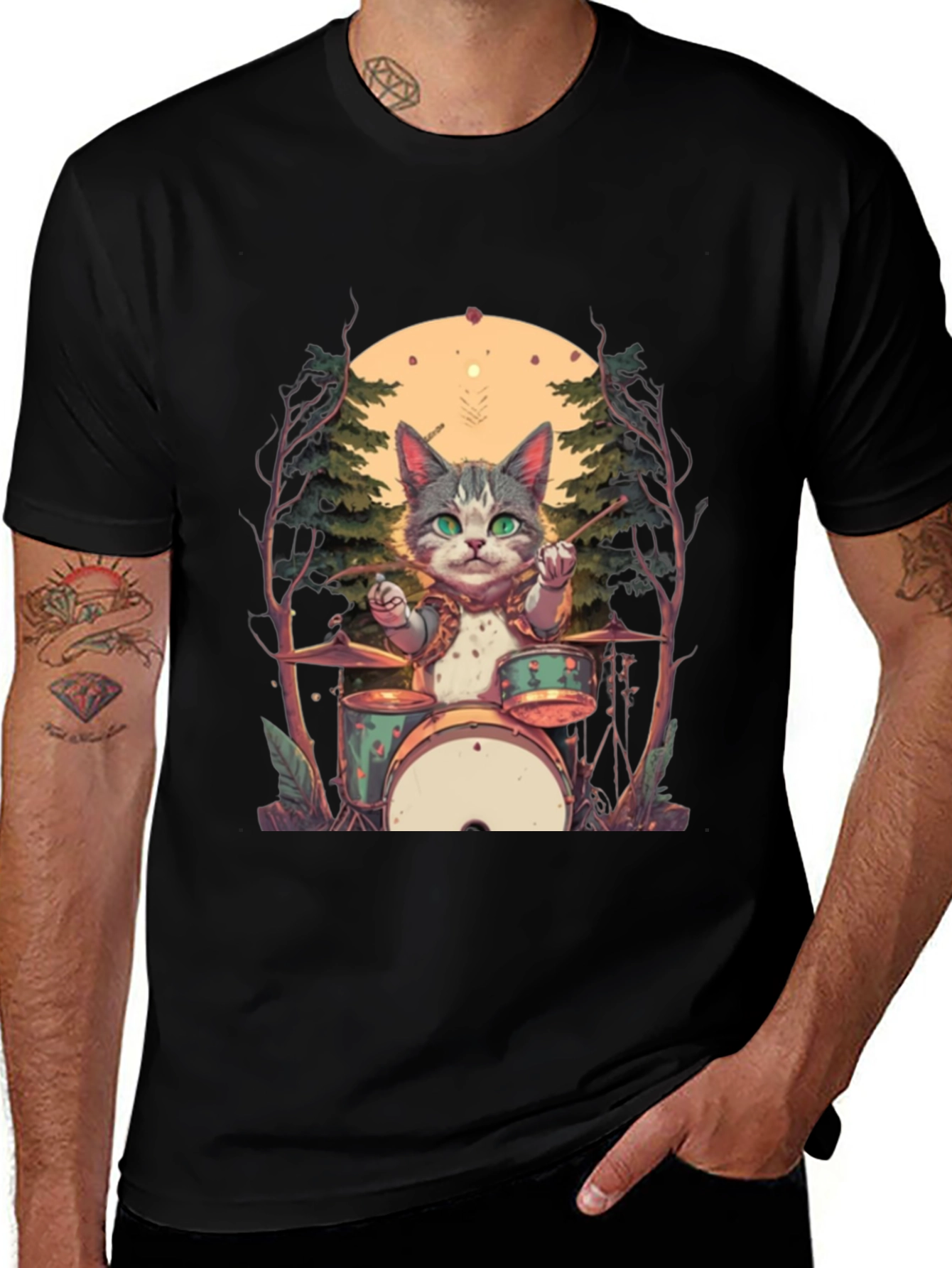 Cat Drummer Graphic Tee - Black Cotton T-Shirt