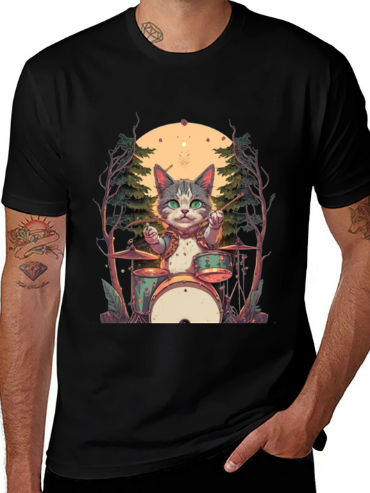 Cat Drummer Graphic Tee - Black Cotton T-Shirt