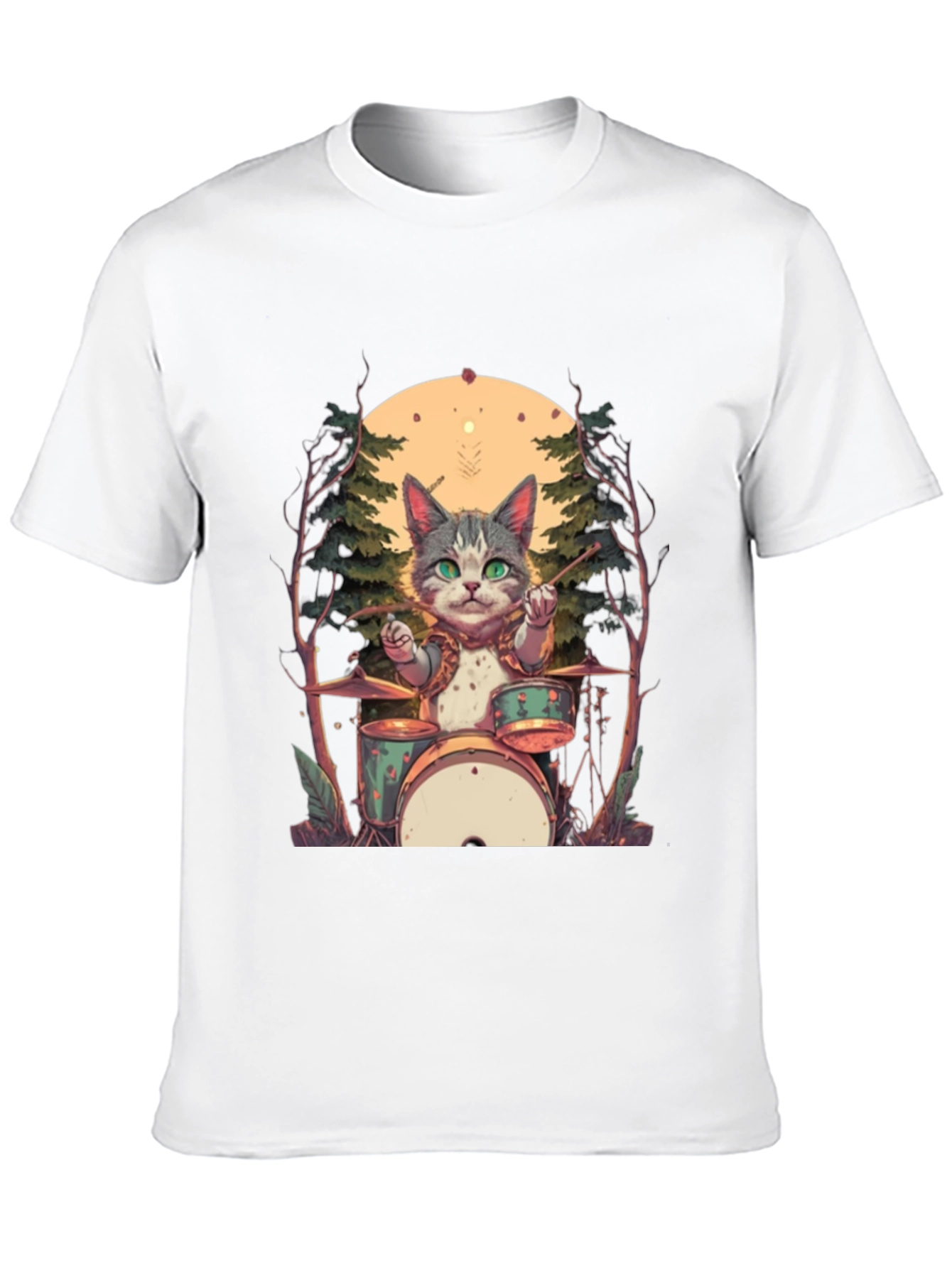 Cat Drummer Graphic Tee - Black Cotton T-Shirt