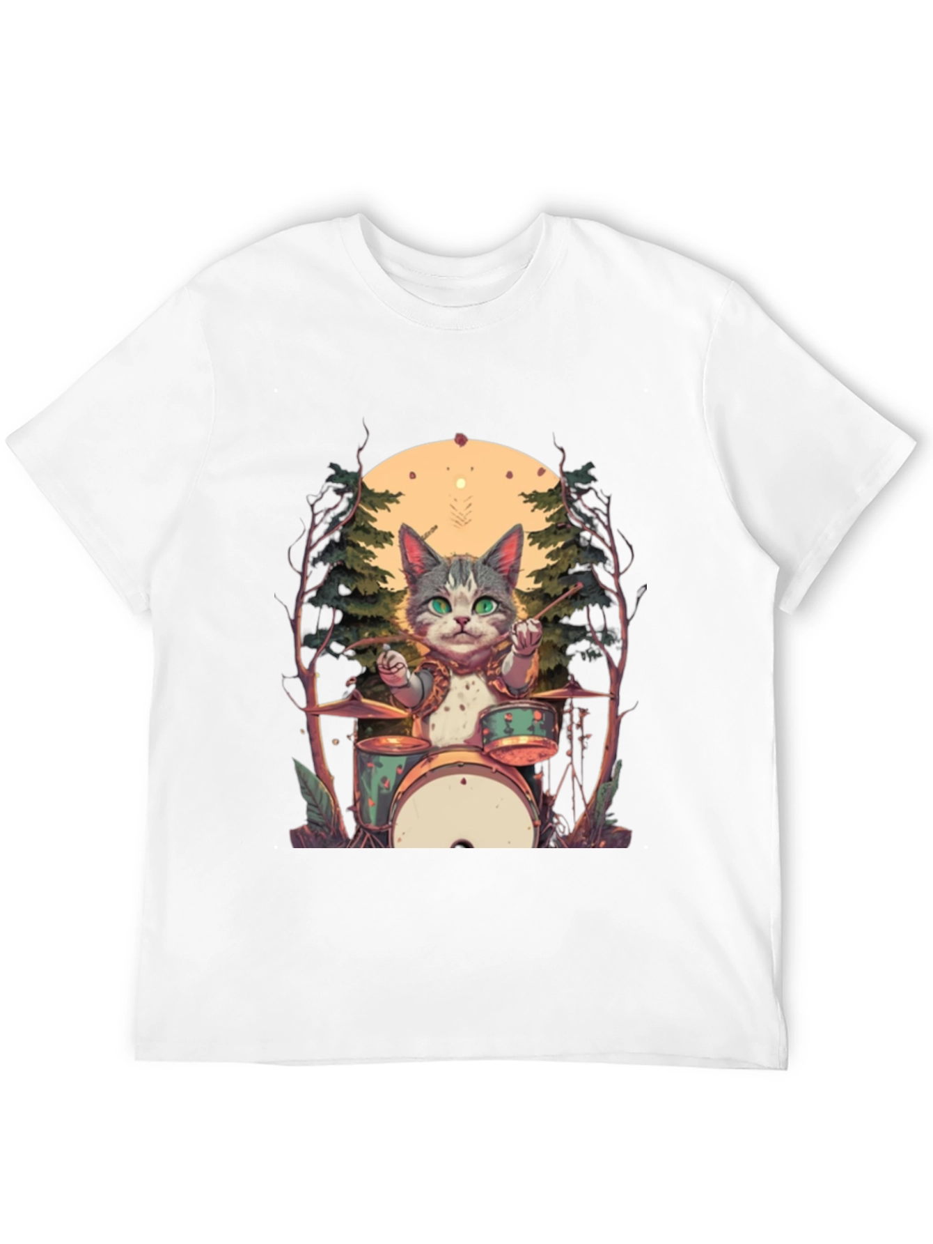 Cat Drummer Graphic Tee - Black Cotton T-Shirt