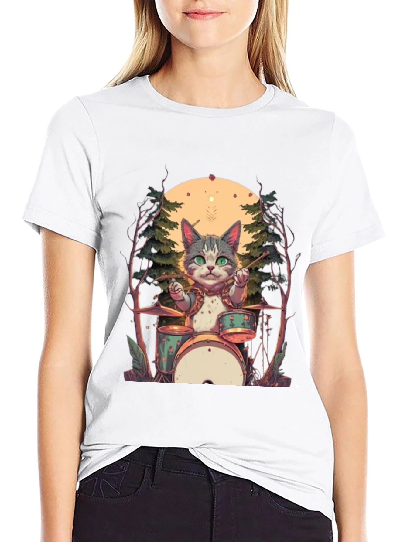 Cat Drummer Graphic Tee - Black Cotton T-Shirt