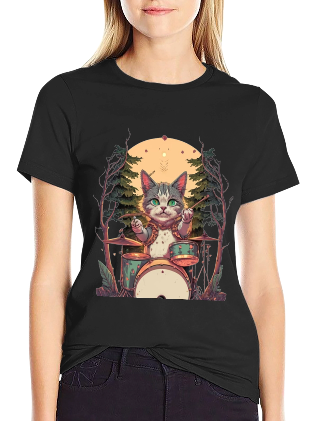 Cat Drummer Graphic Tee - Black Cotton T-Shirt