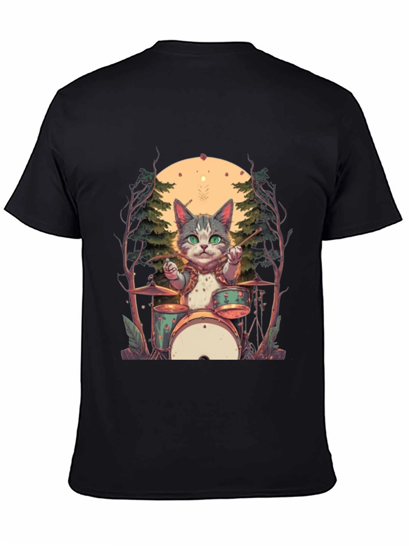 Cat Drummer Graphic Tee - Black Cotton T-Shirt