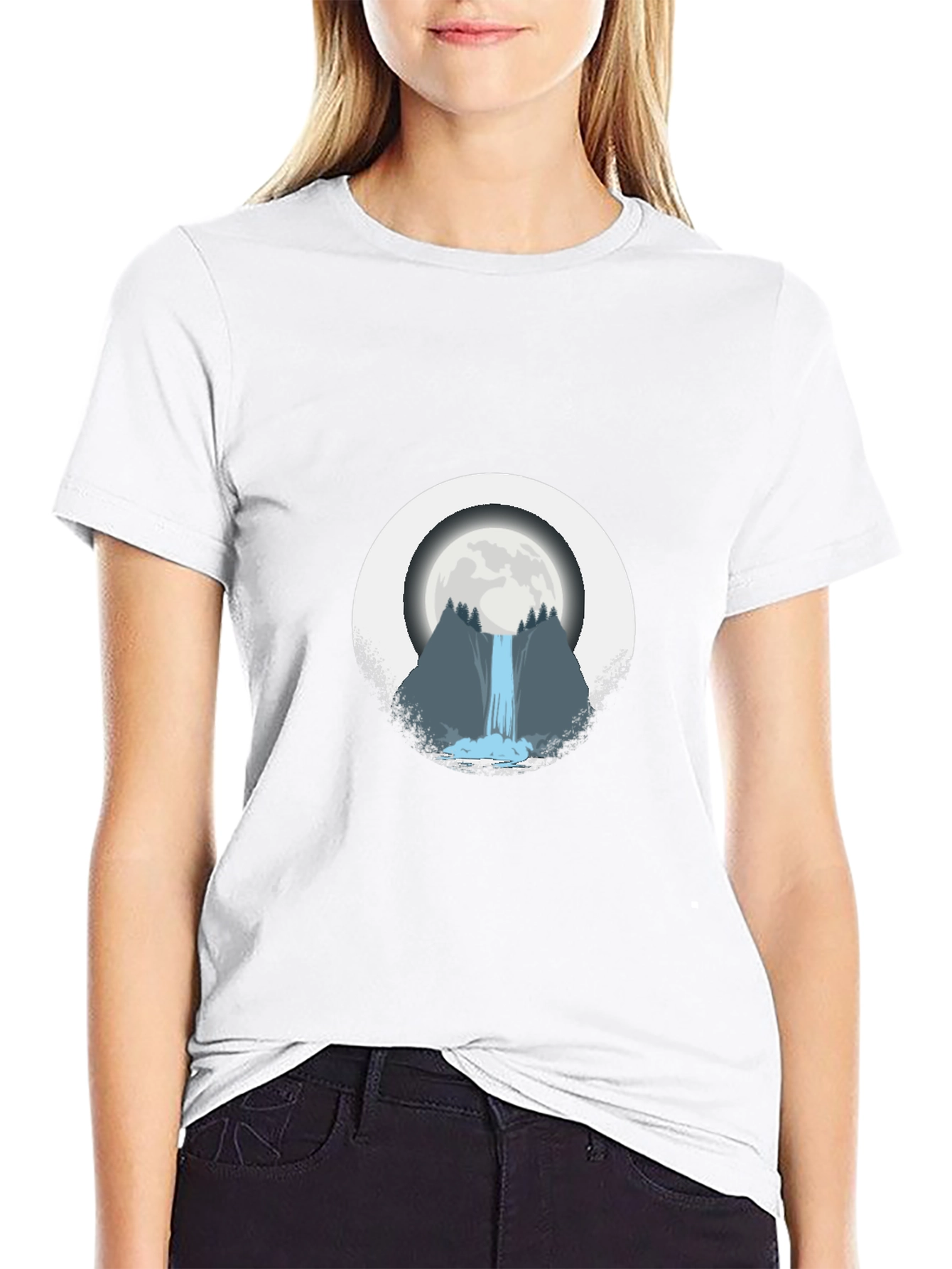 Moonlit Waterfall Graphic Tee - Black
