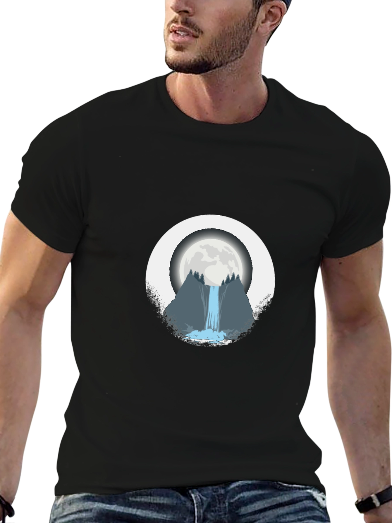 Moonlit Waterfall Graphic Tee - Black