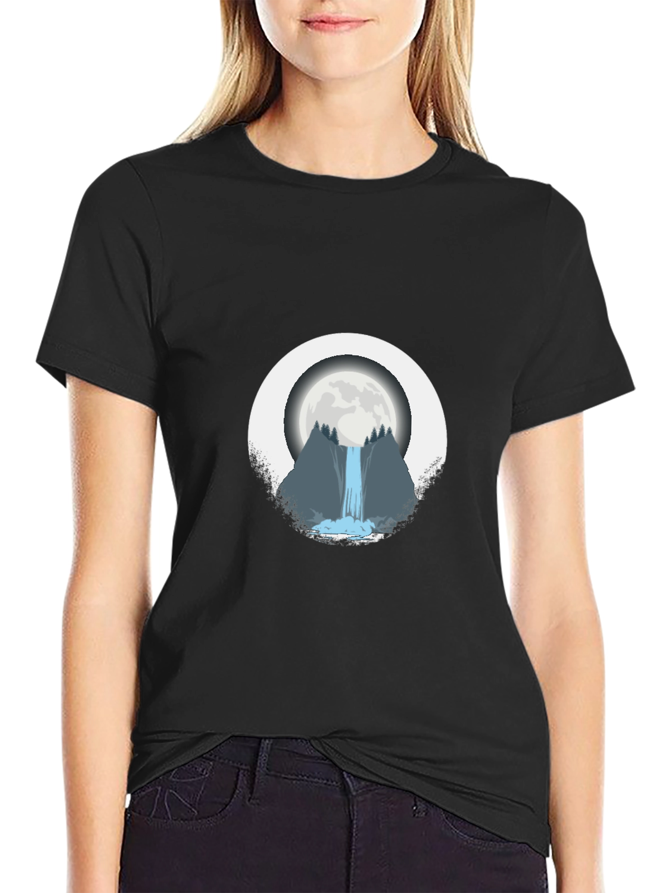Moonlit Waterfall Graphic Tee - Black