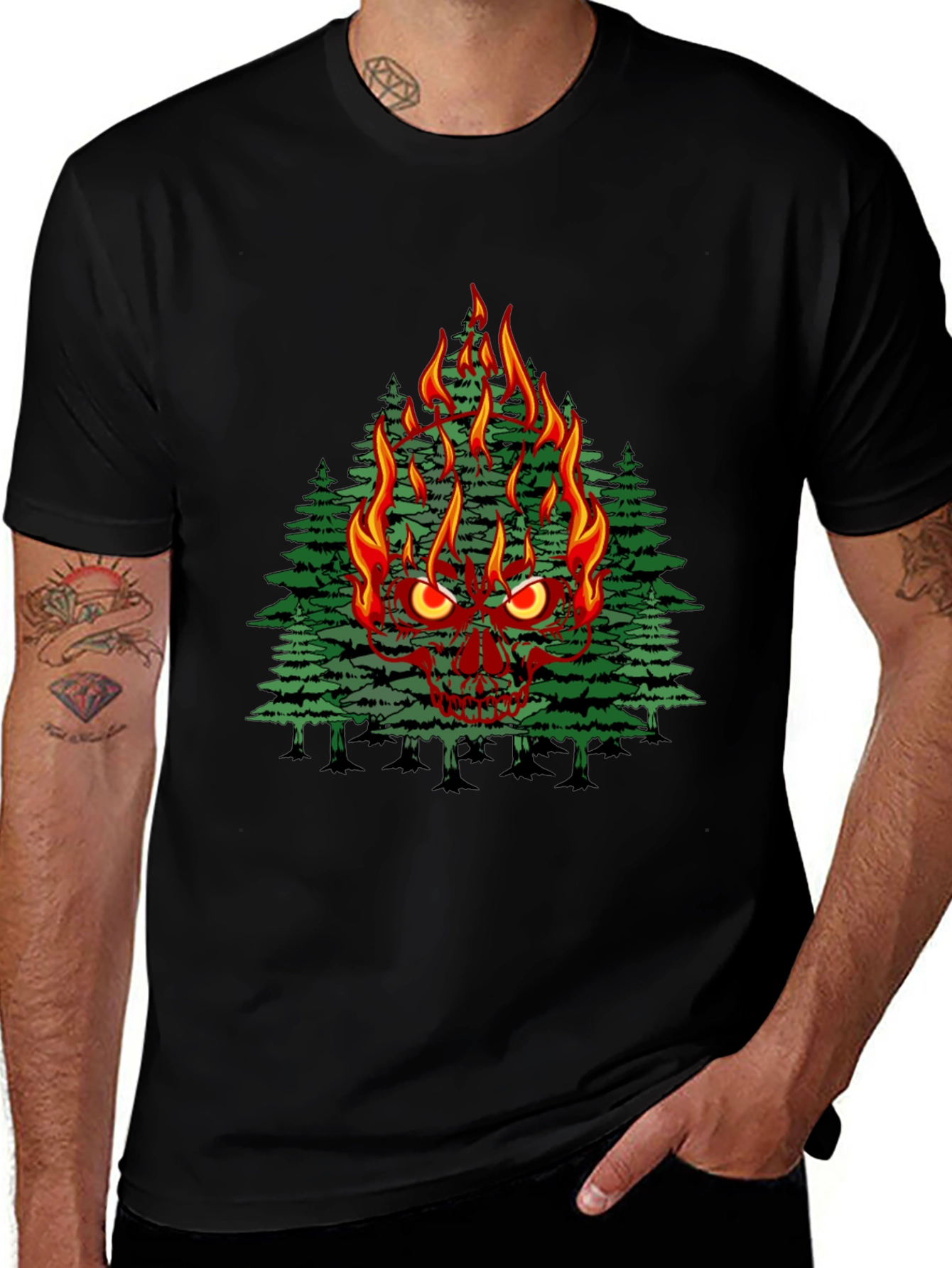 Flaming Skull Tree Graphic Tee - Mens Black T-Shirt