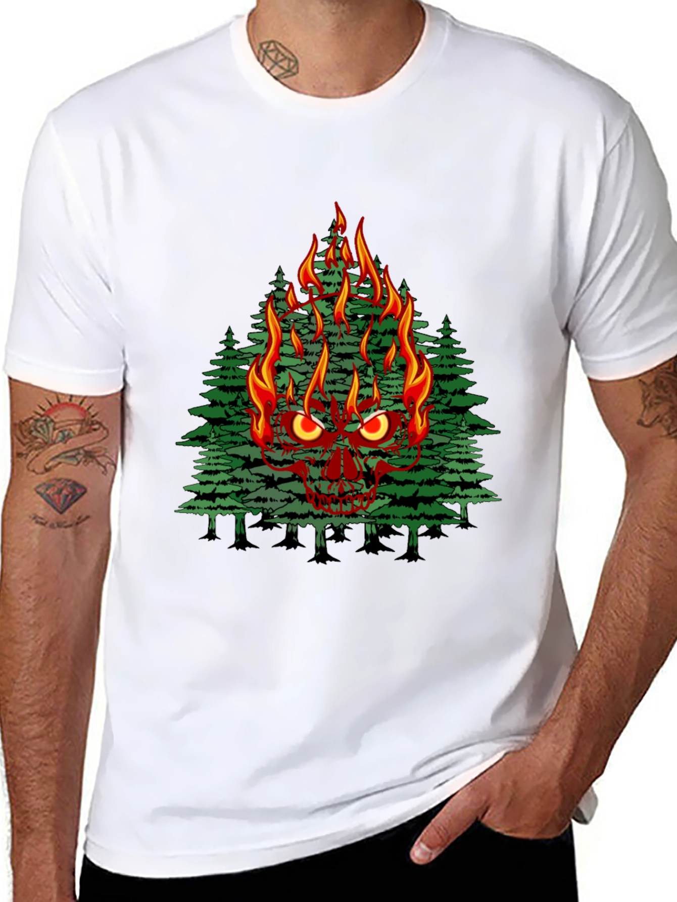 Flaming Skull Tree Graphic Tee - Mens Black T-Shirt