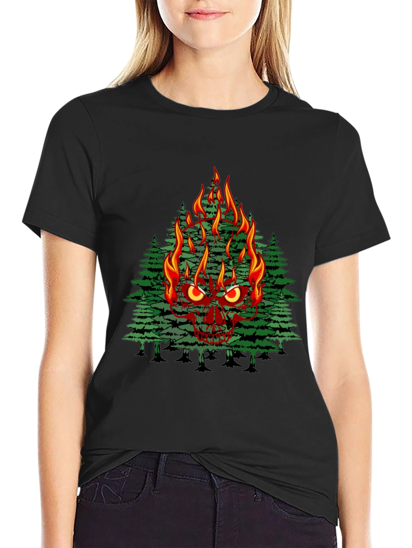 Flaming Skull Tree Graphic Tee - Mens Black T-Shirt