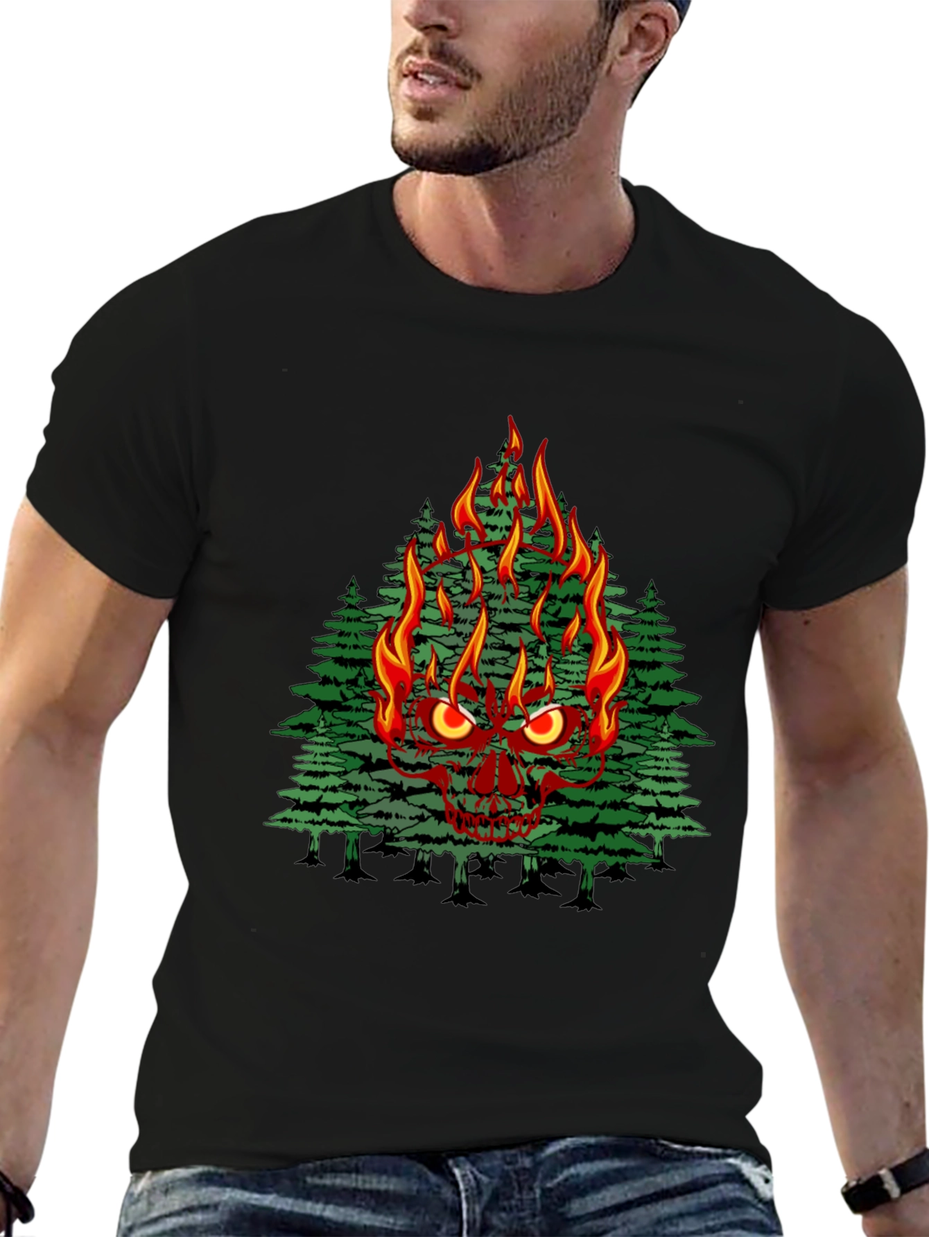 Flaming Skull Tree Graphic Tee - Mens Black T-Shirt
