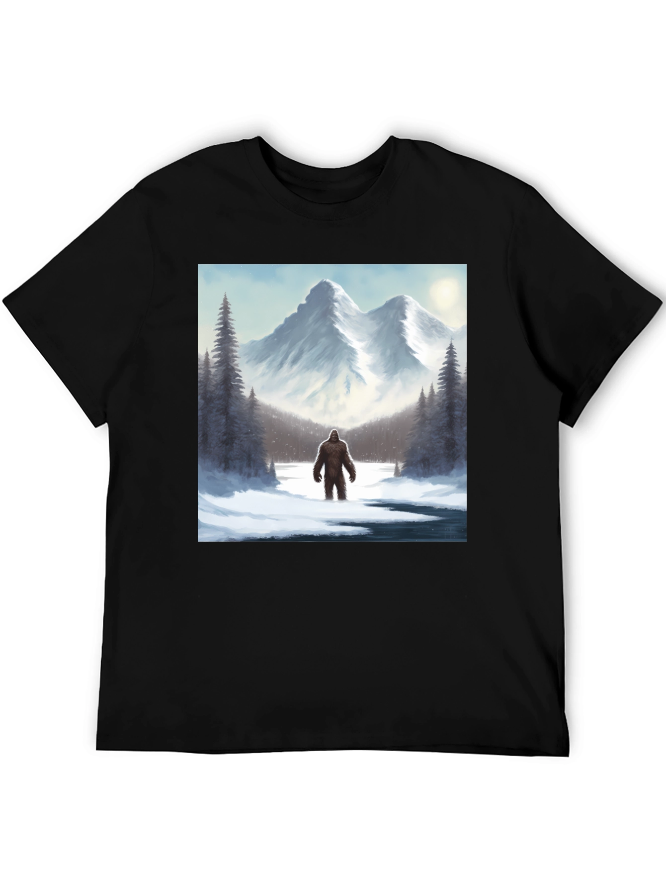 Bigfoot Winter Scene Black T-Shirt