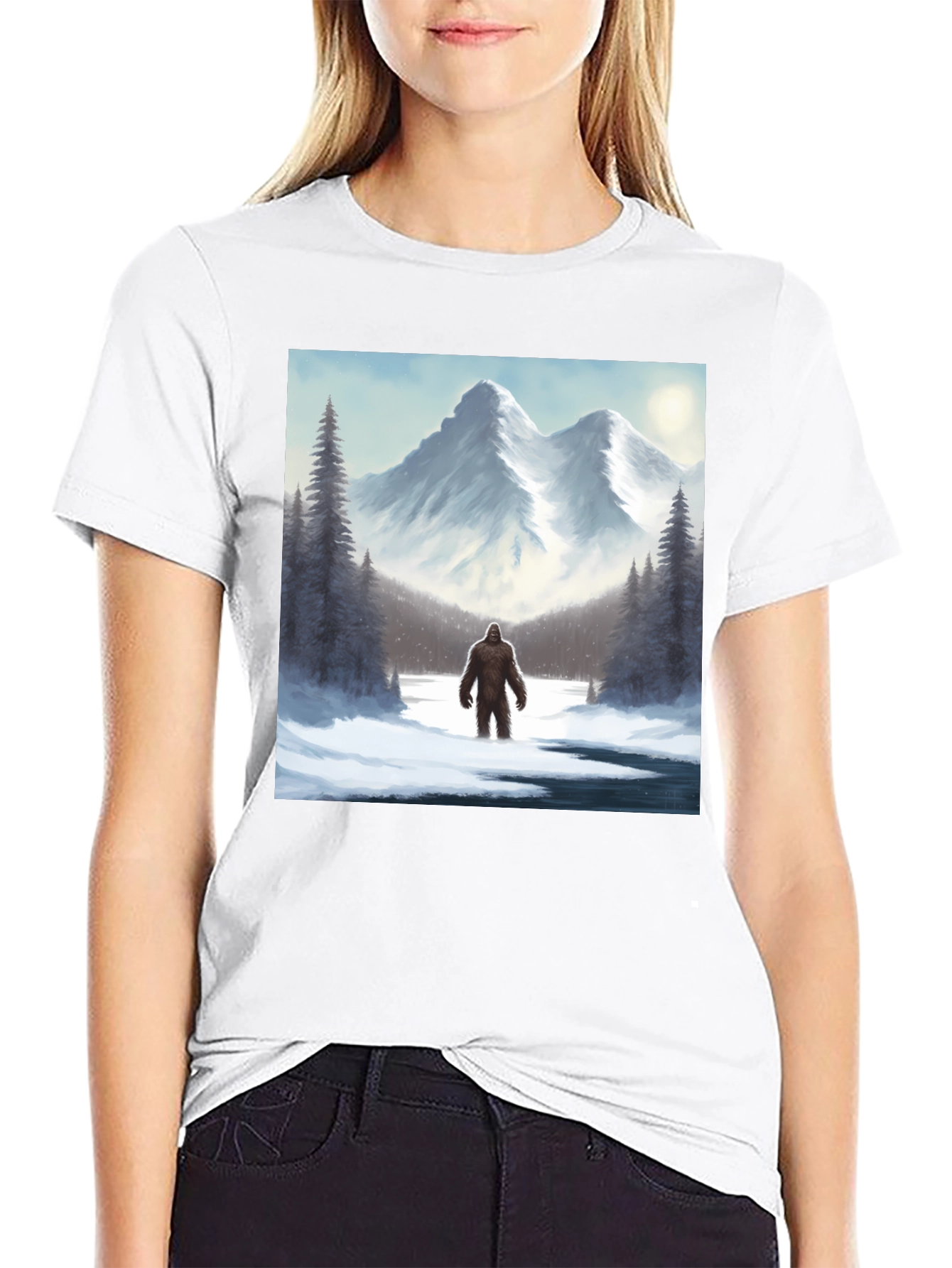 Bigfoot Winter Scene Black T-Shirt