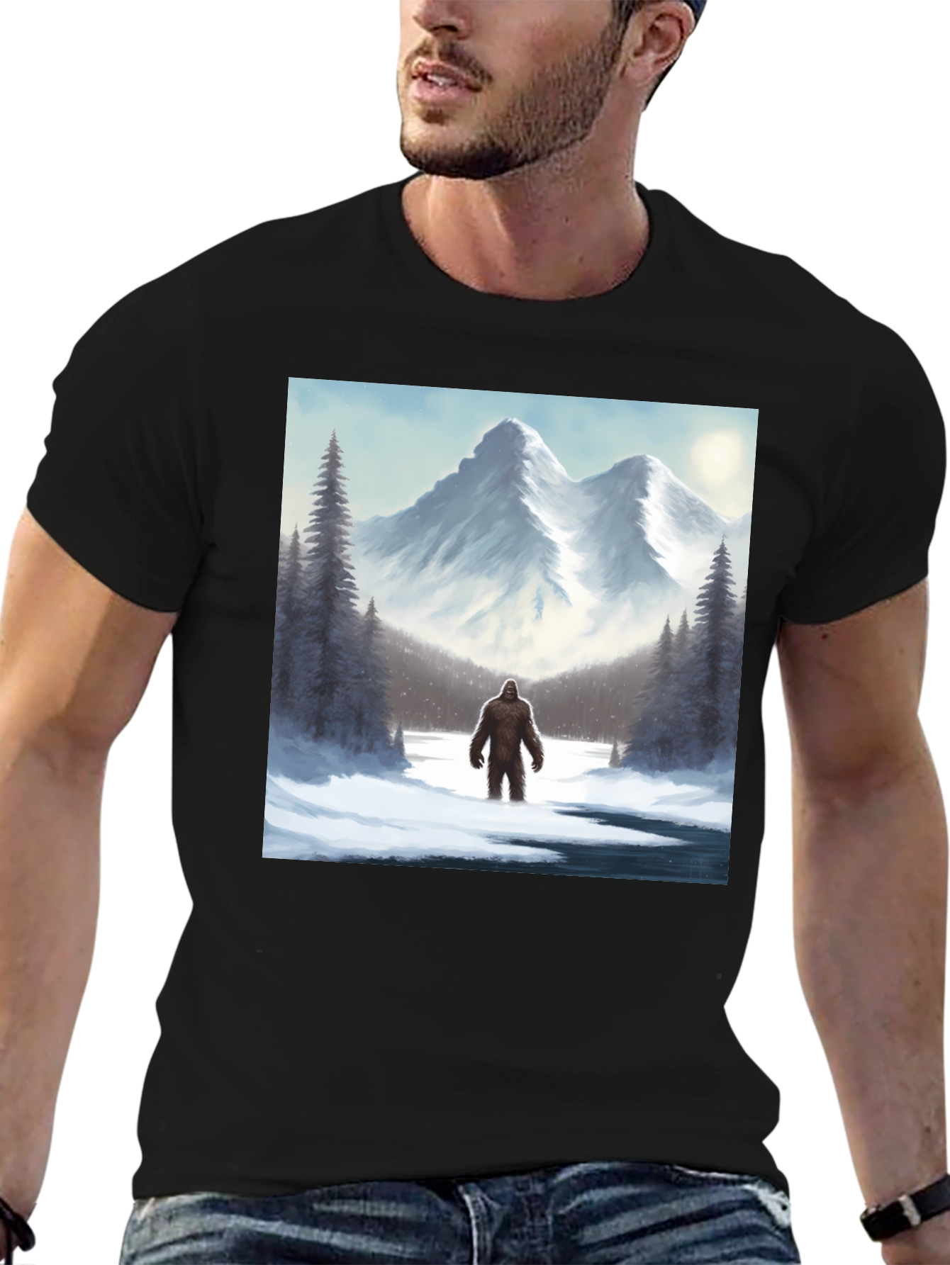 Bigfoot Winter Scene Black T-Shirt