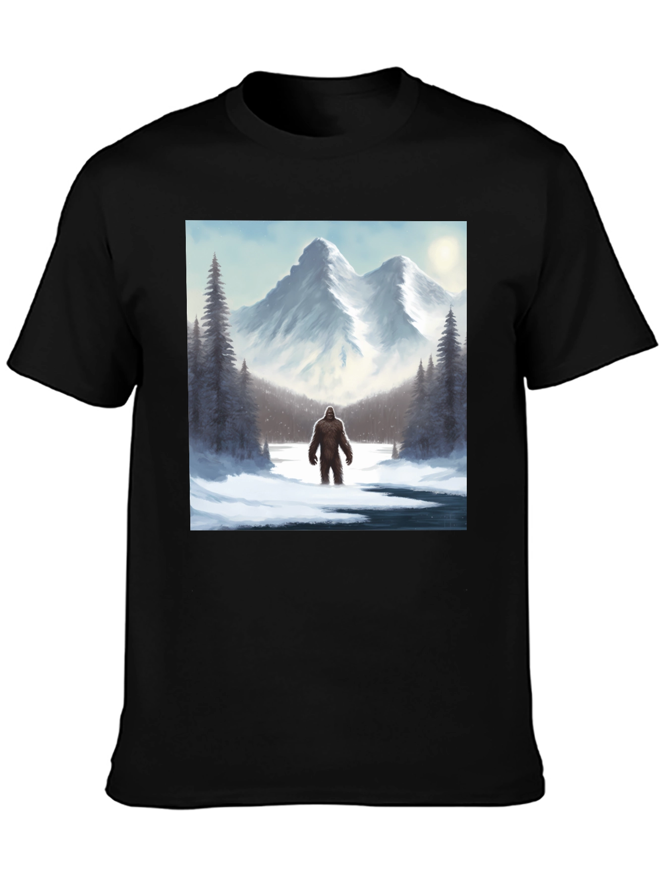 Bigfoot Winter Scene Black T-Shirt