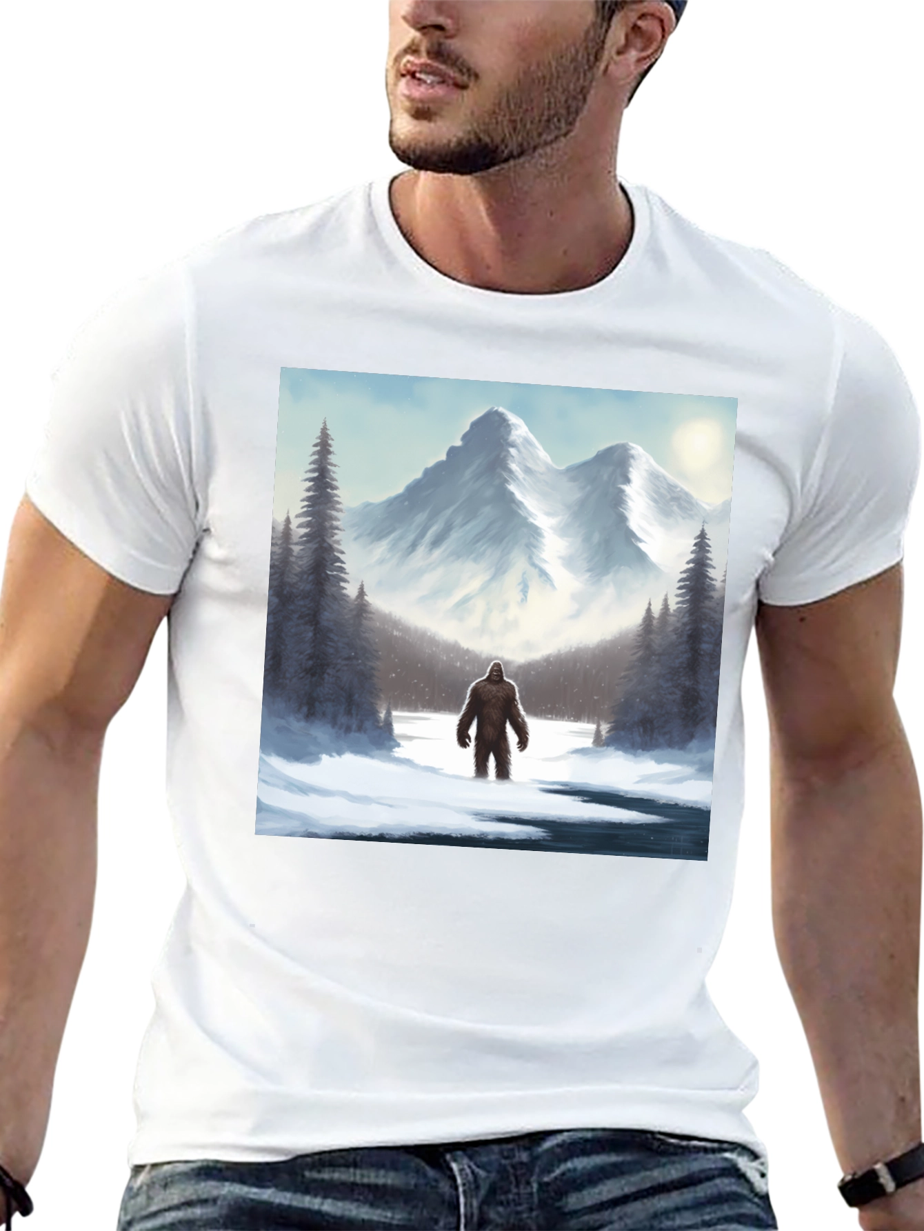 Bigfoot Winter Scene Black T-Shirt