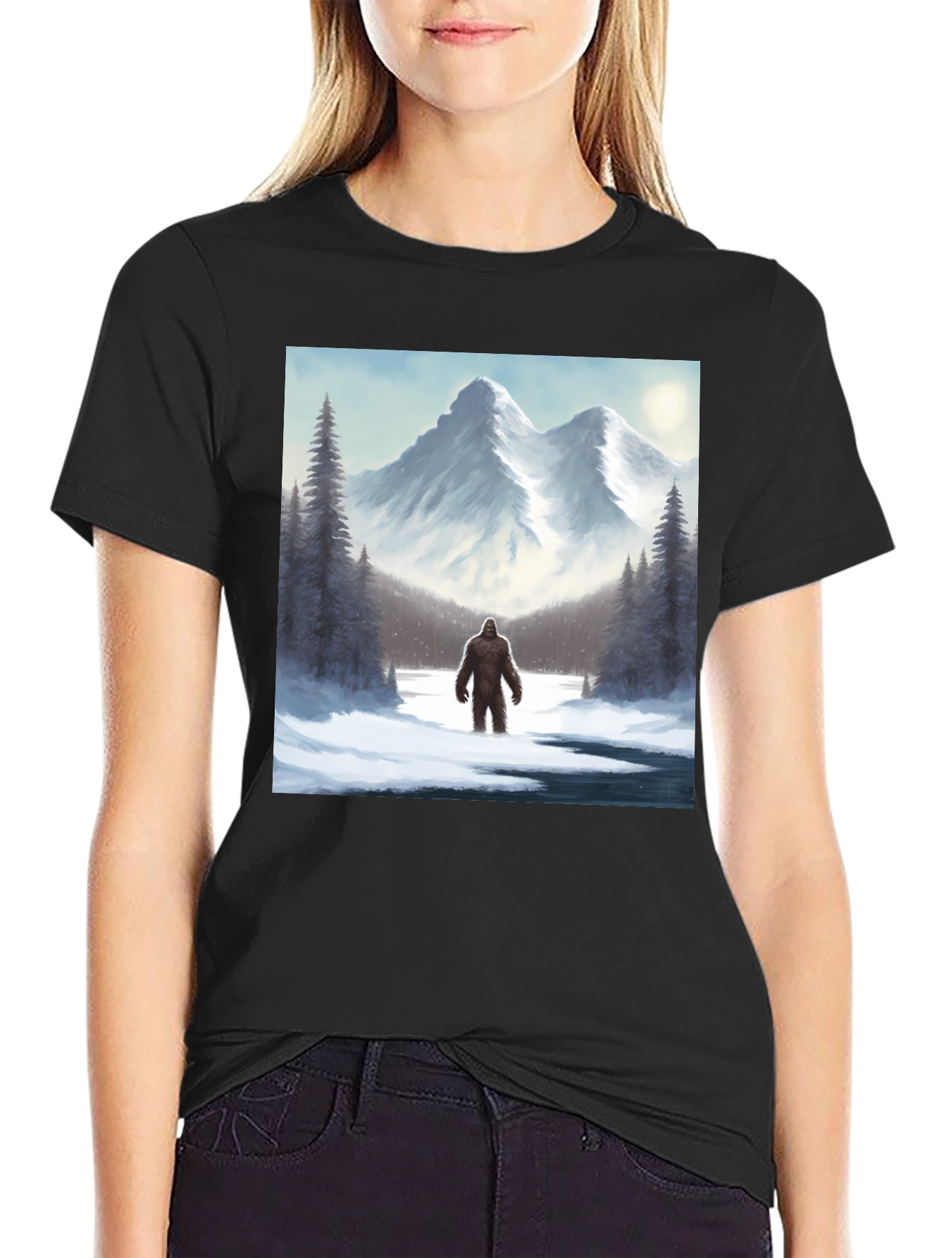 Bigfoot Winter Scene Black T-Shirt
