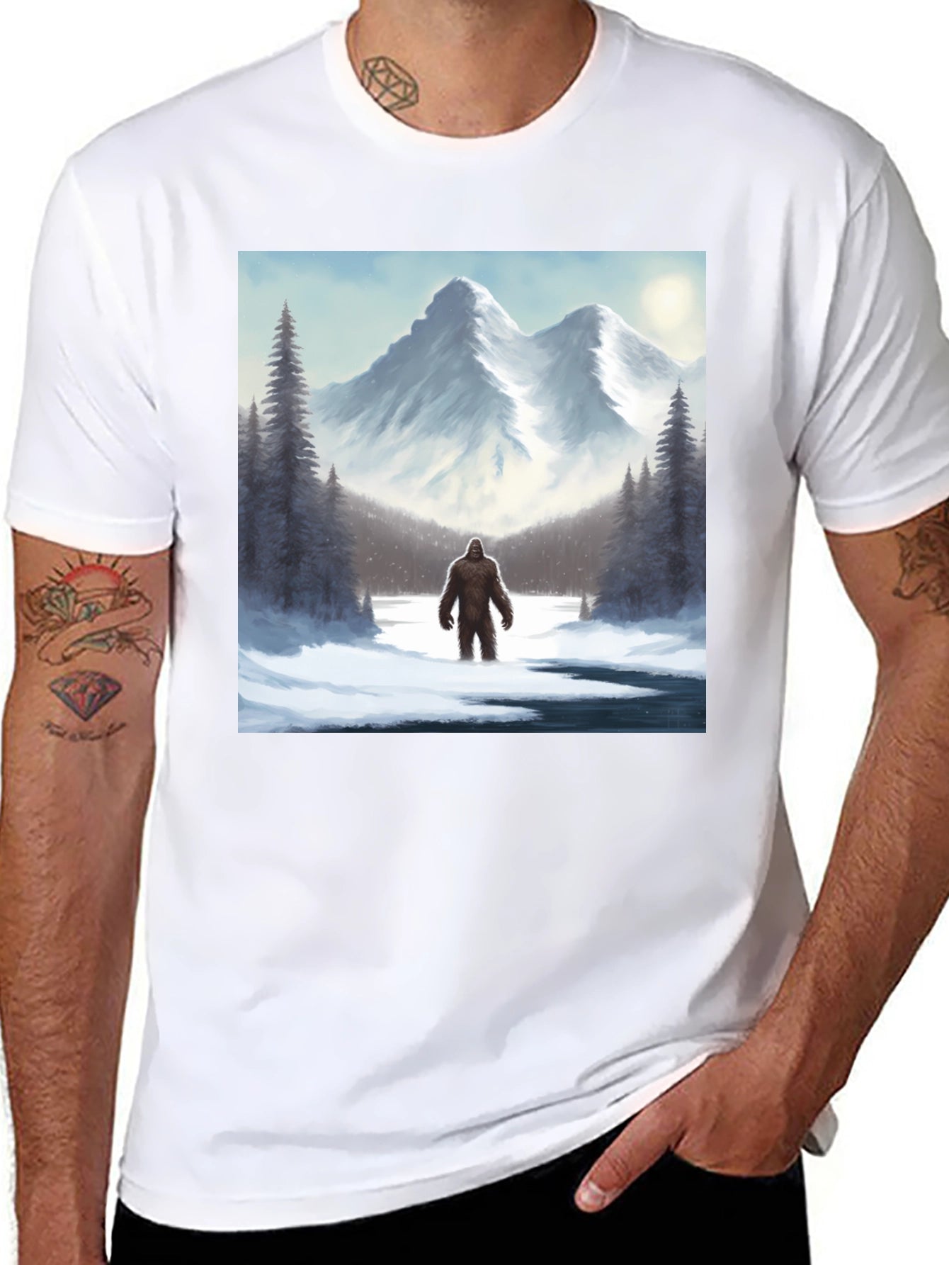 Bigfoot Winter Scene Black T-Shirt