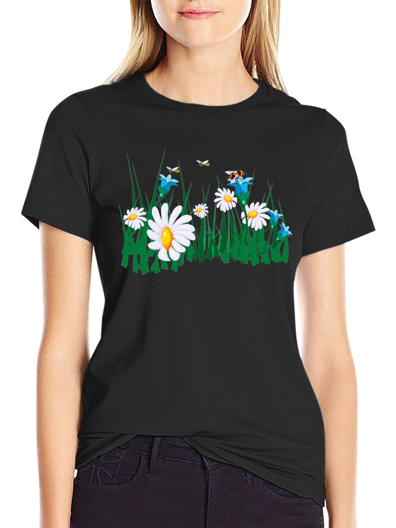 Daisy & Bee Graphic Tee - Black Cotton Blend