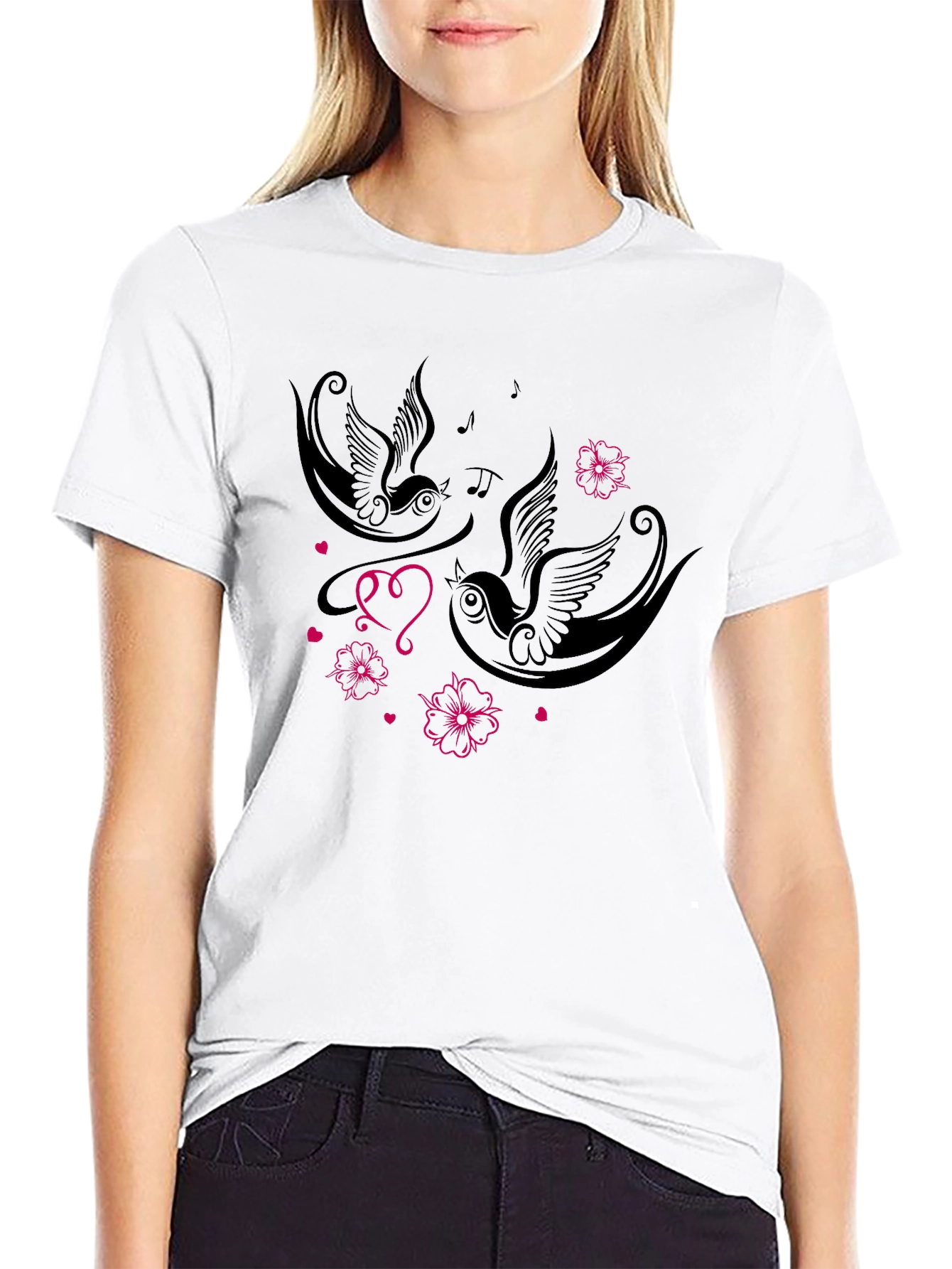 Swallows & Hearts Graphic Tee - Romantic Style