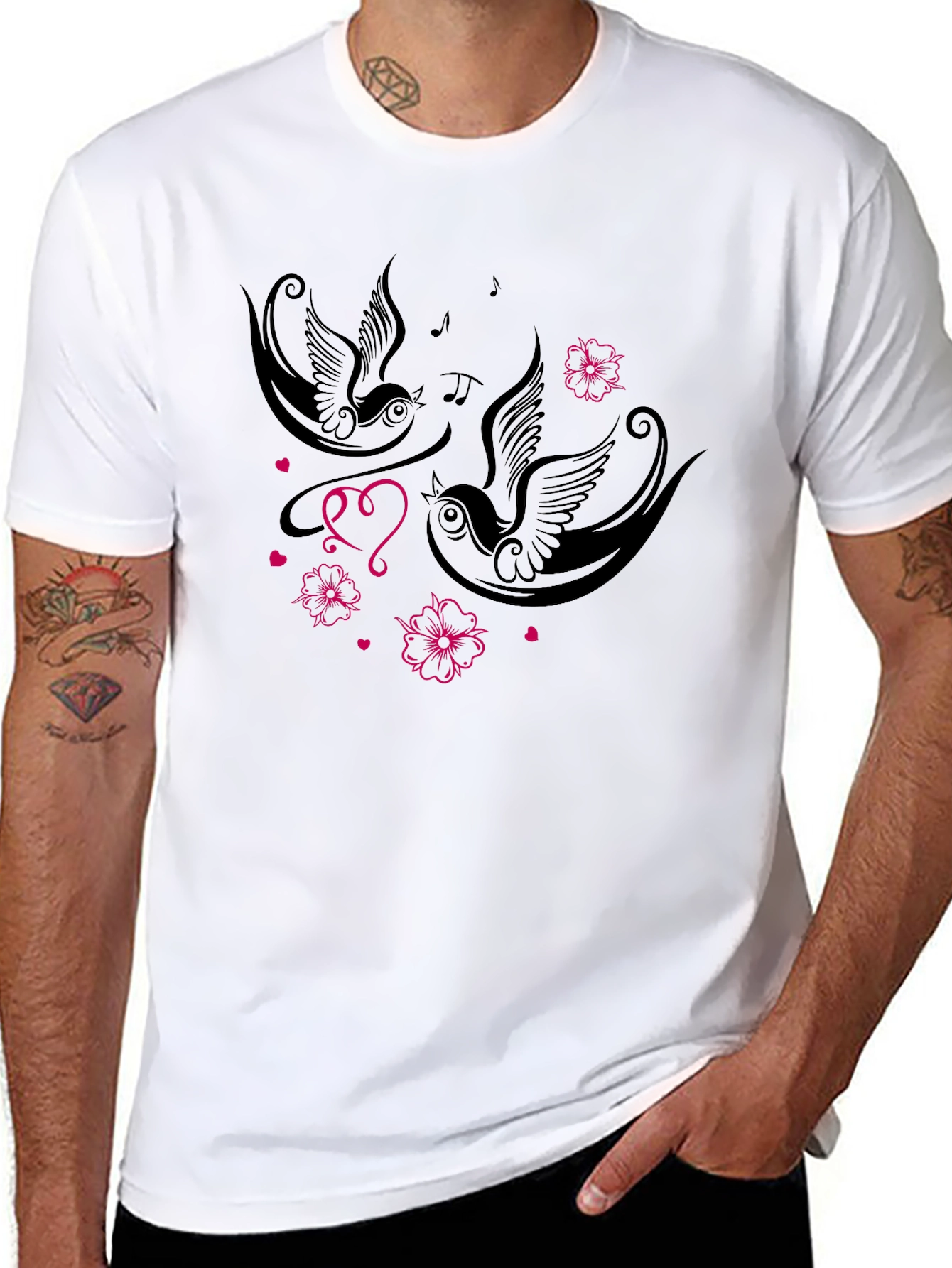 Swallows & Hearts Graphic Tee - Romantic Style