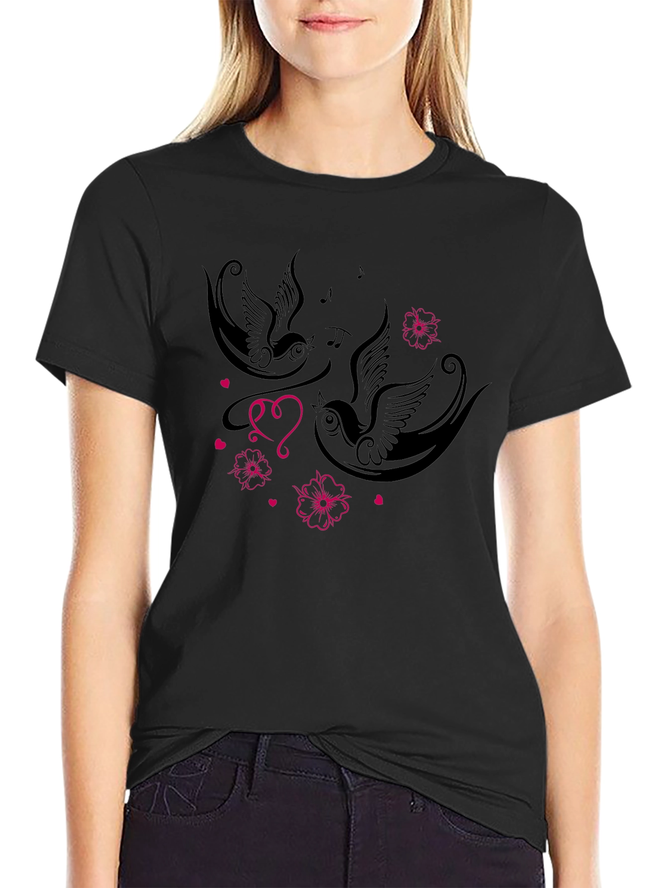 Swallows & Hearts Graphic Tee - Romantic Style