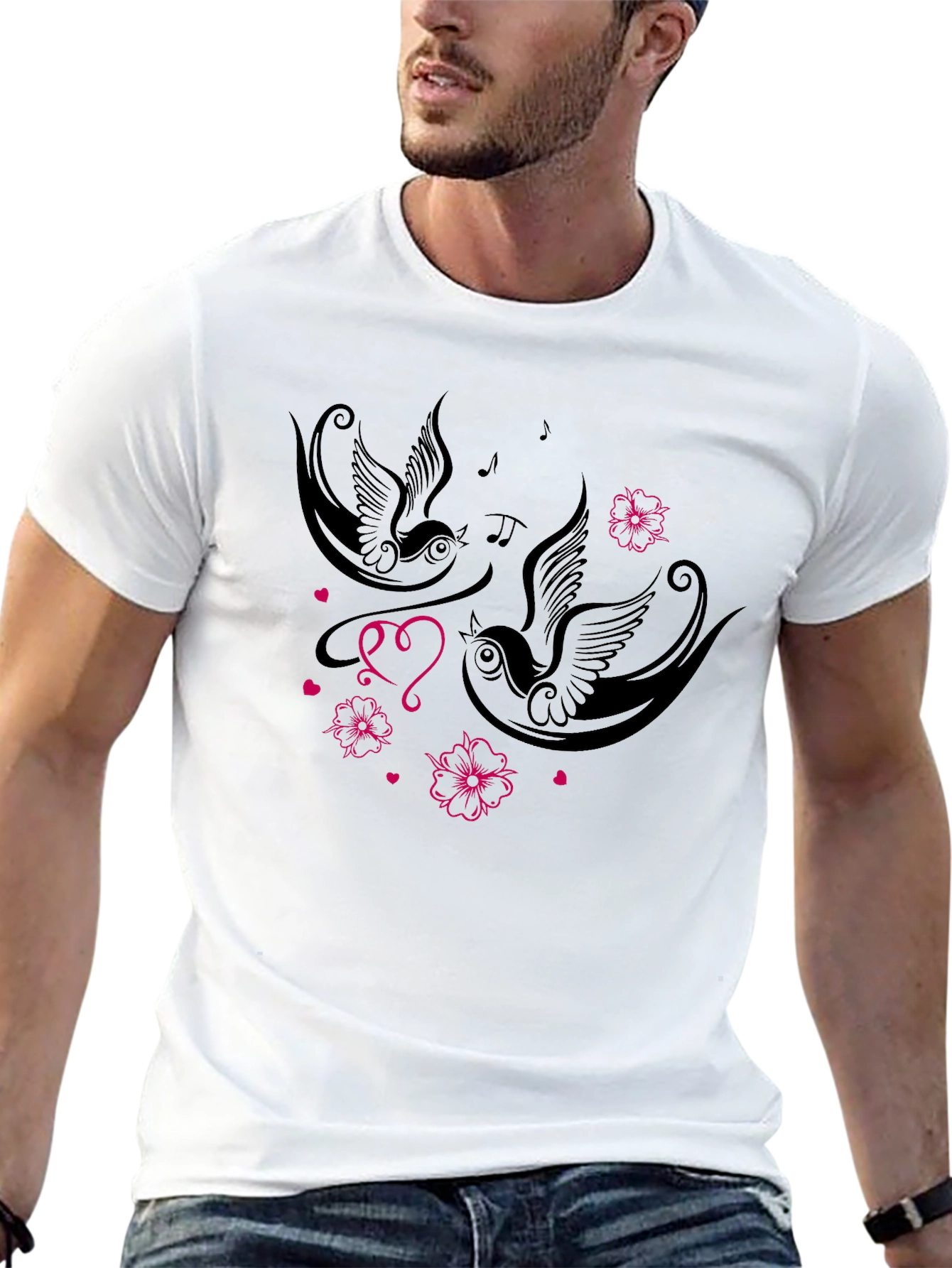 Swallows & Hearts Graphic Tee - Romantic Style