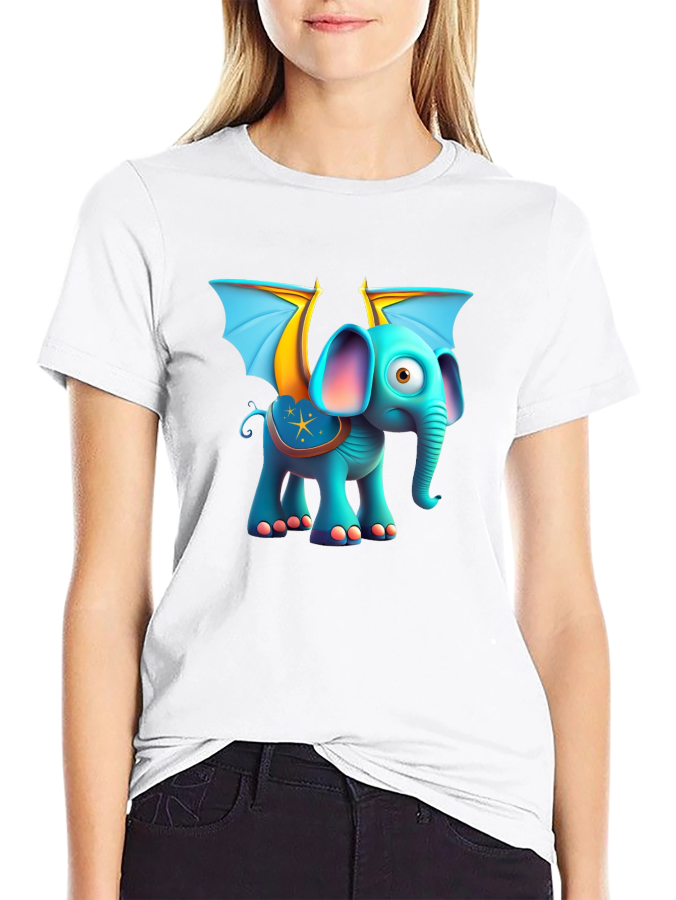 Cartoon Elephant with Wings Graphic Tee