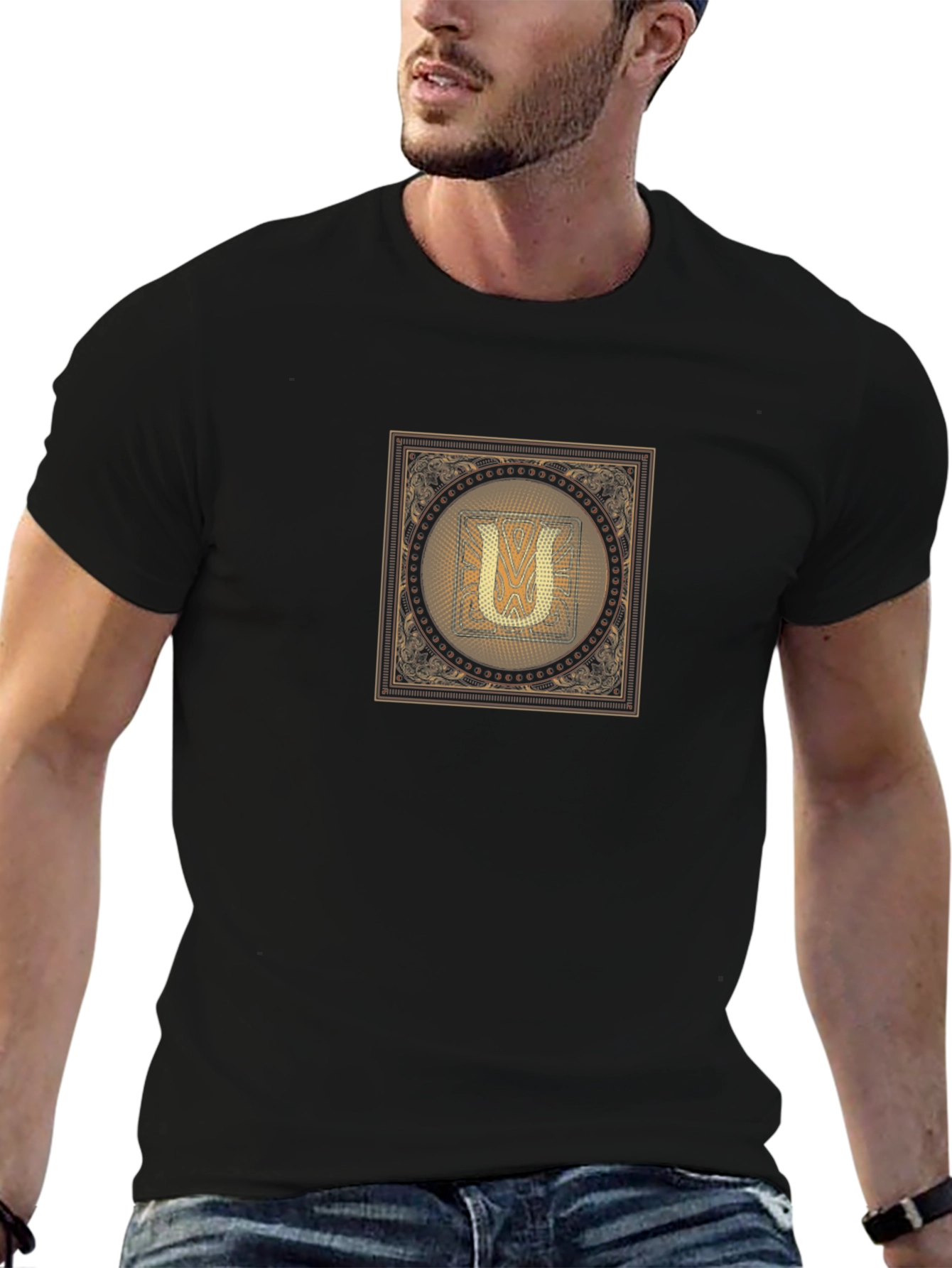 Black T-Shirt with Letter U Design