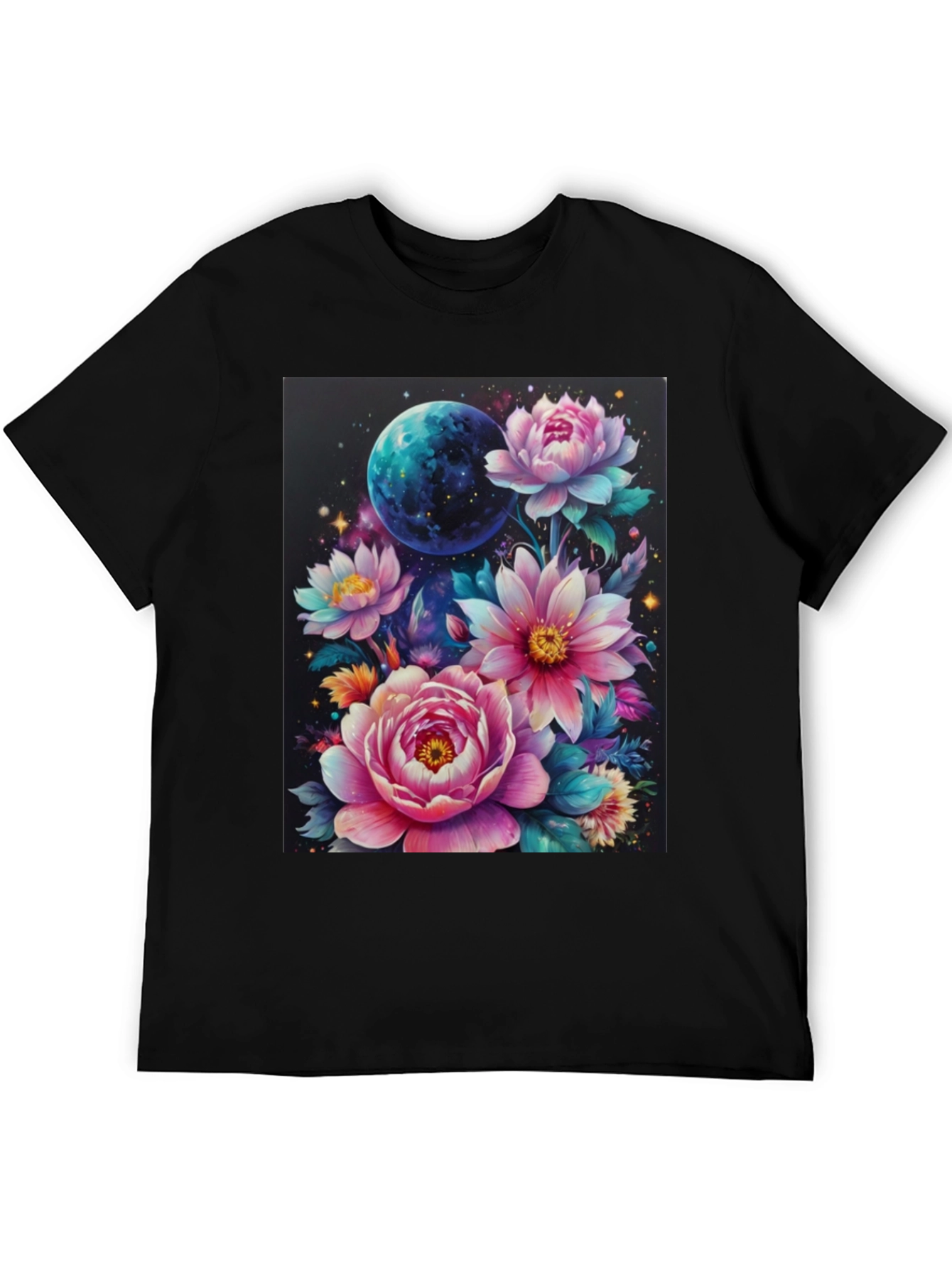 Floral Galaxy T-Shirt: Space & Bloom Fusion