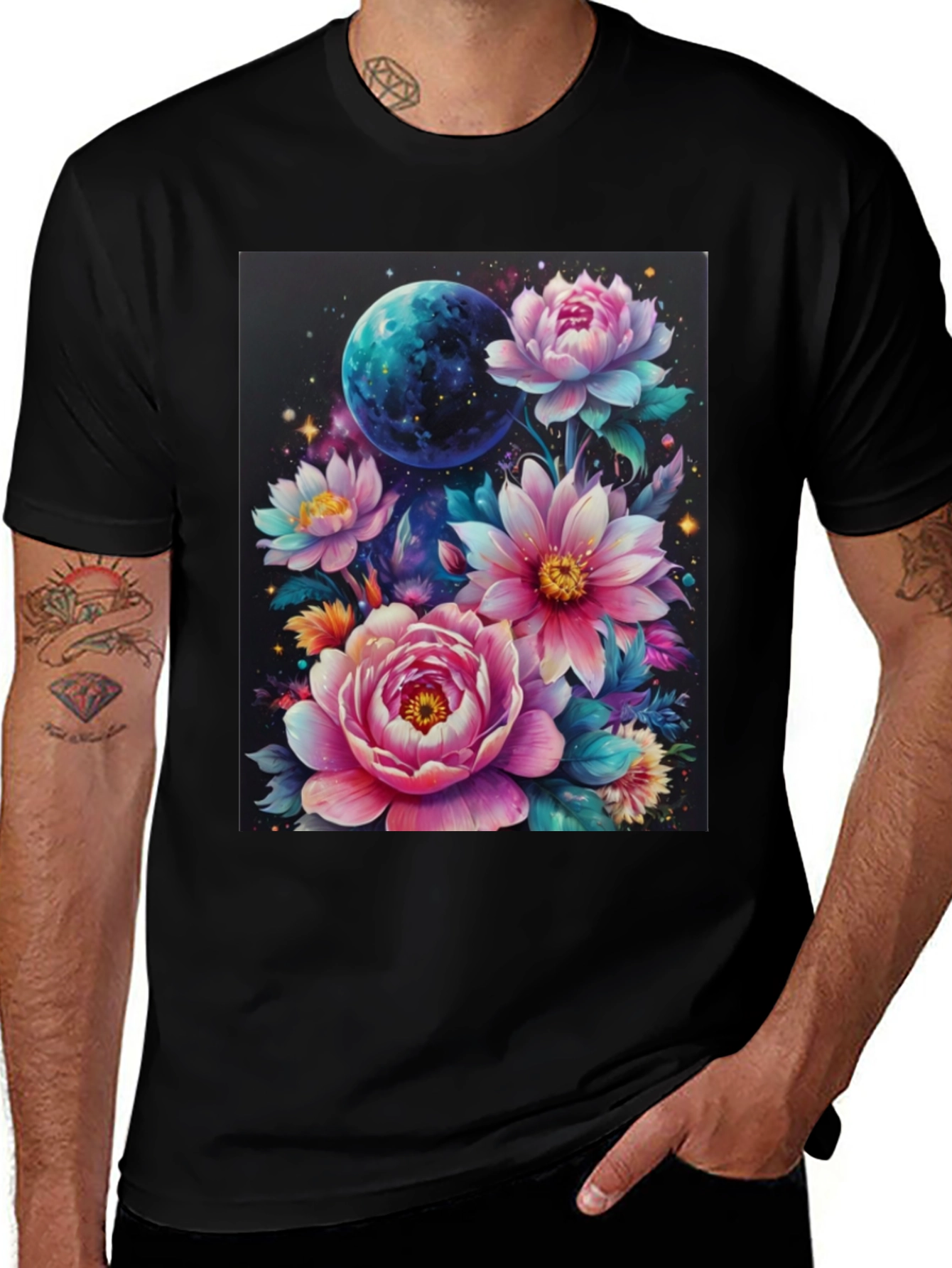 Floral Galaxy T-Shirt: Space & Bloom Fusion