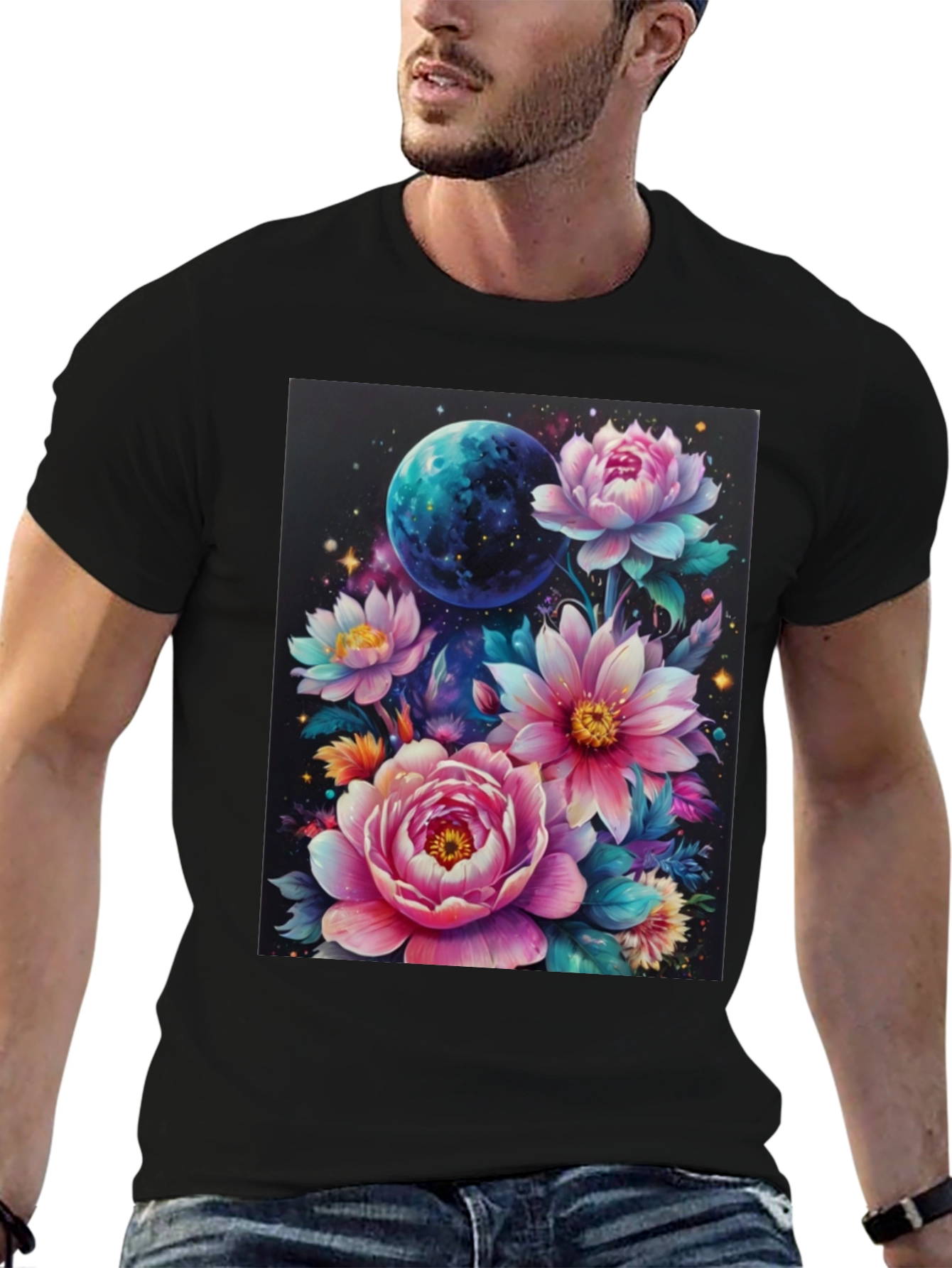 Floral Galaxy T-Shirt: Space & Bloom Fusion