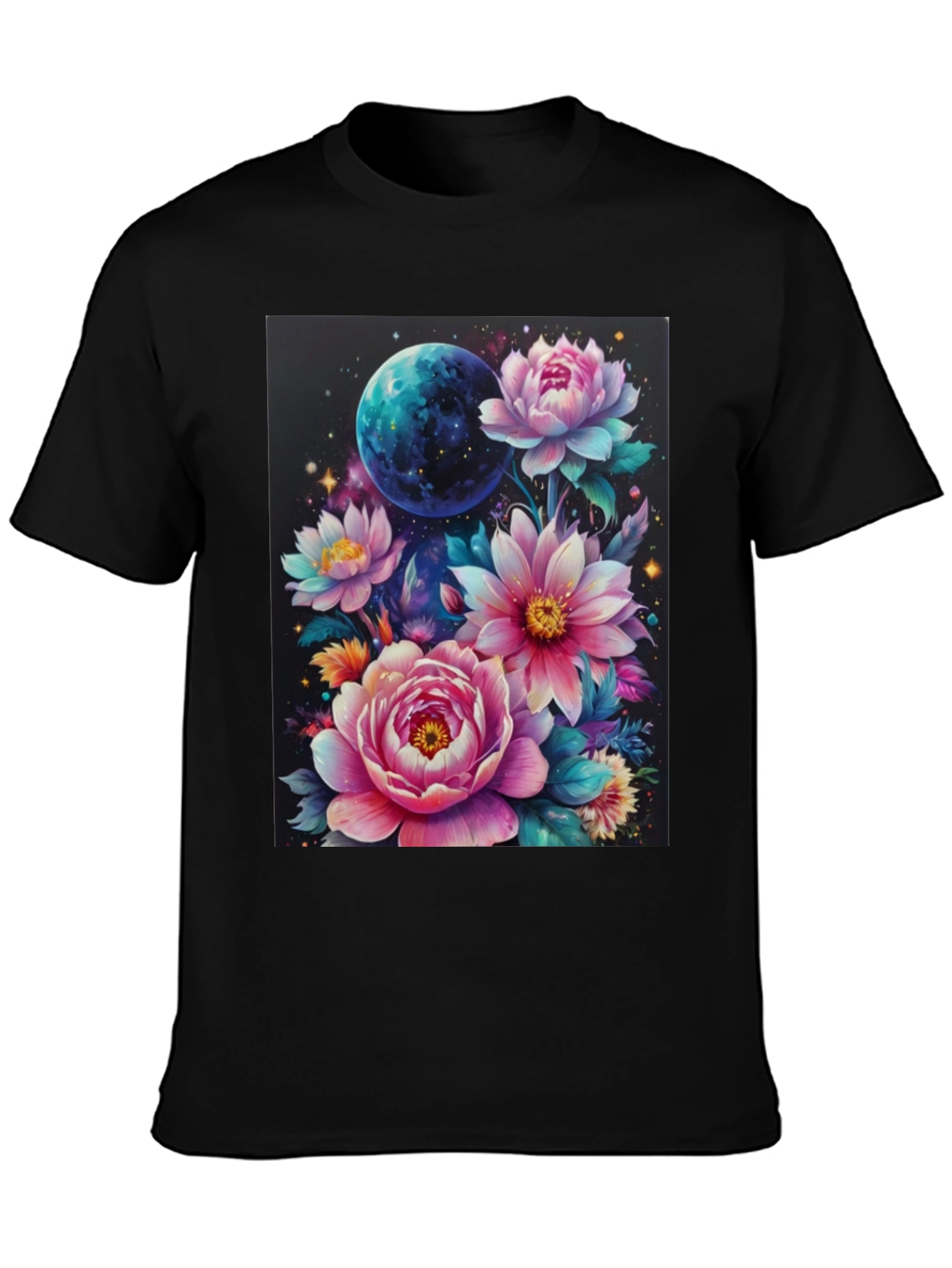 Floral Galaxy T-Shirt: Space & Bloom Fusion